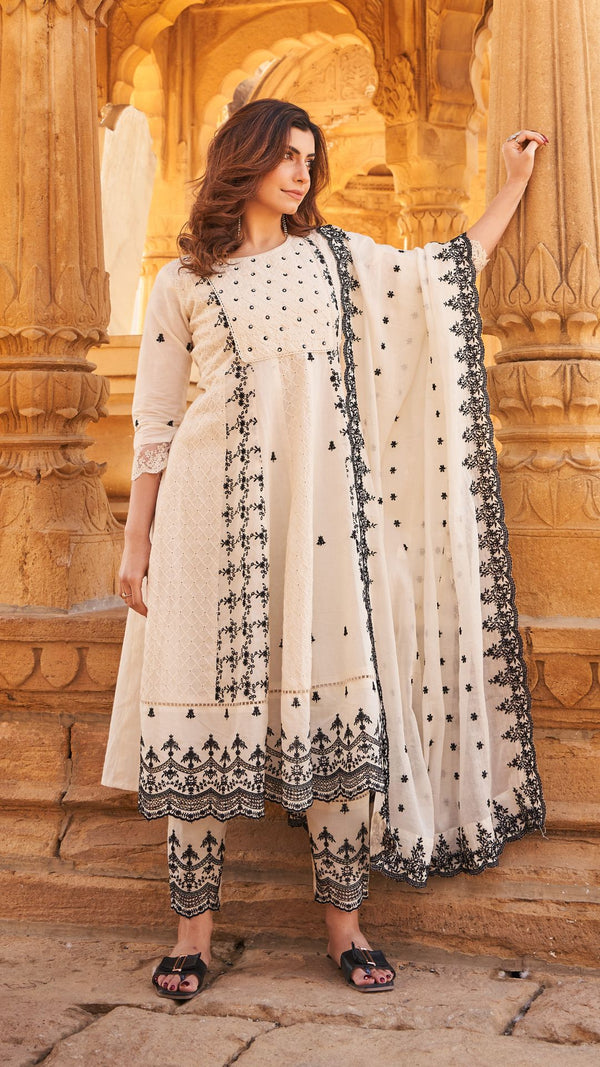 Ivory pure cotton eyelet anarkali set with cotton dupatta