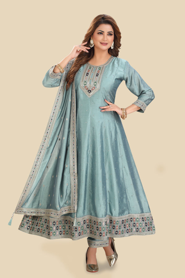 Sky blue embroidered anarkali kurta set