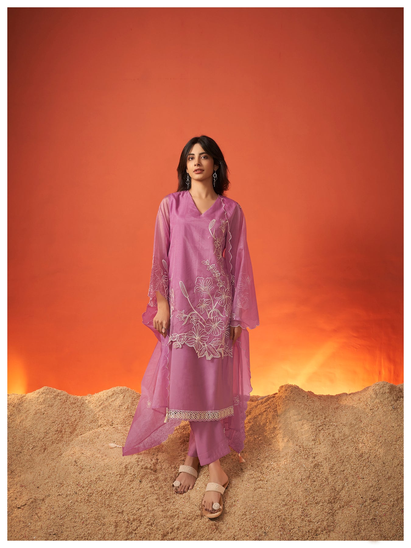 Lavender layered kurta set with scallop dupatta