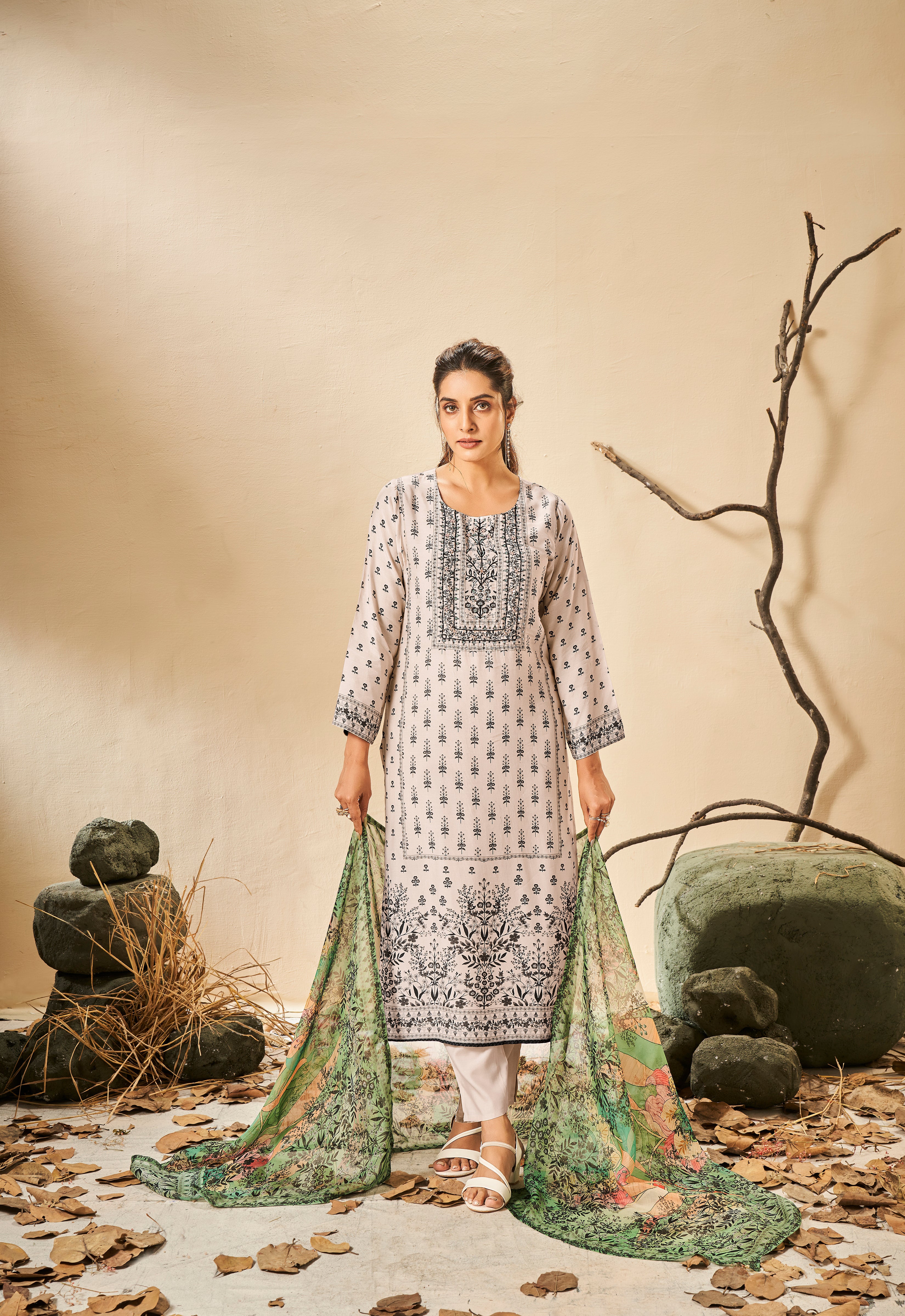 White kurta set with green printed dupatta