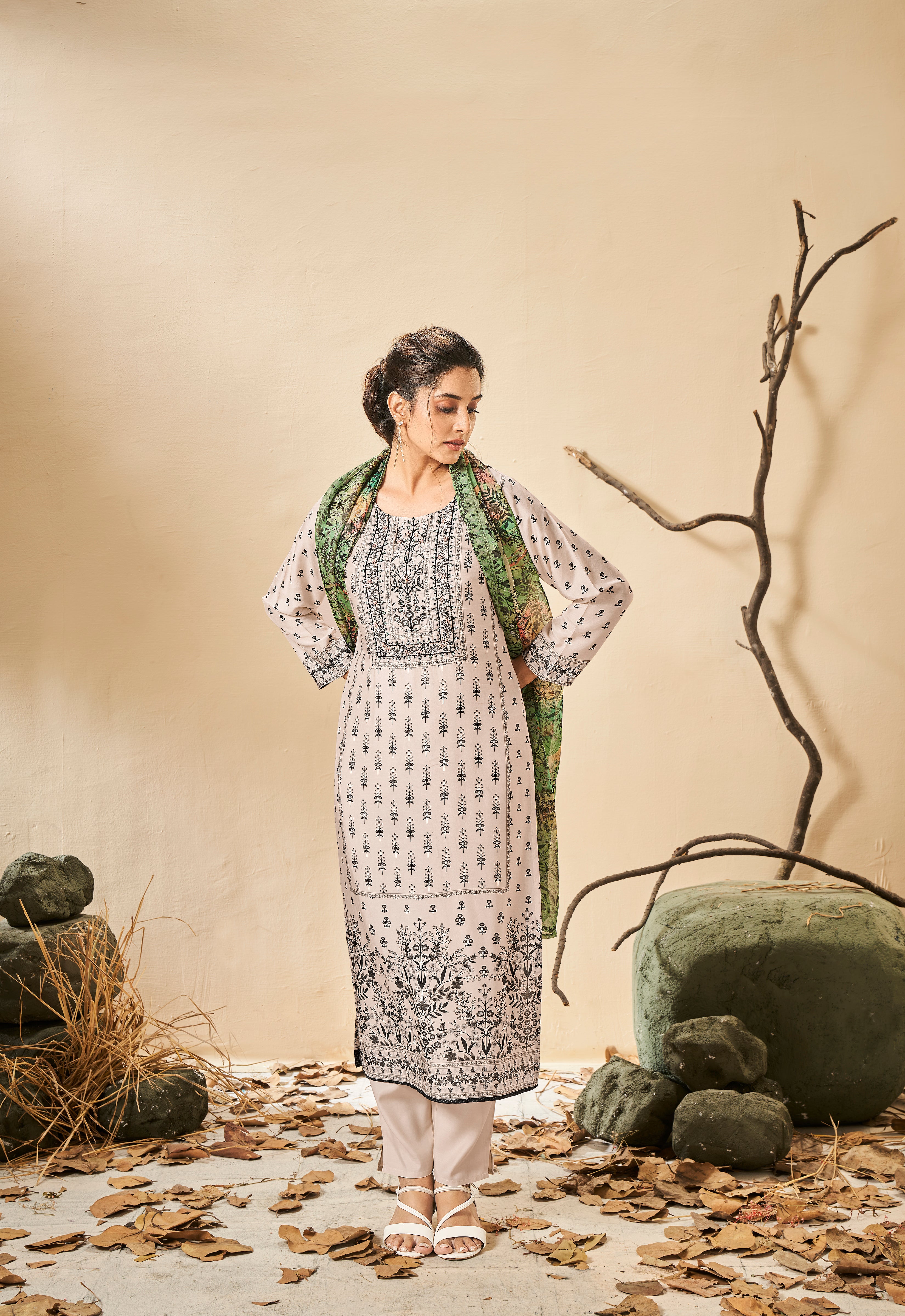 White kurta set with green printed dupatta