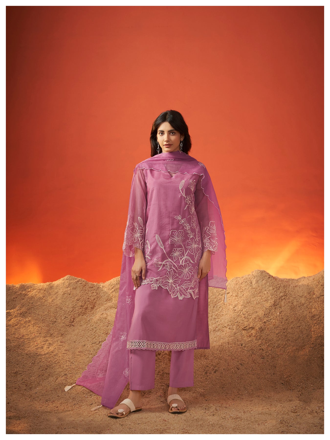 Lavender layered kurta set with scallop dupatta