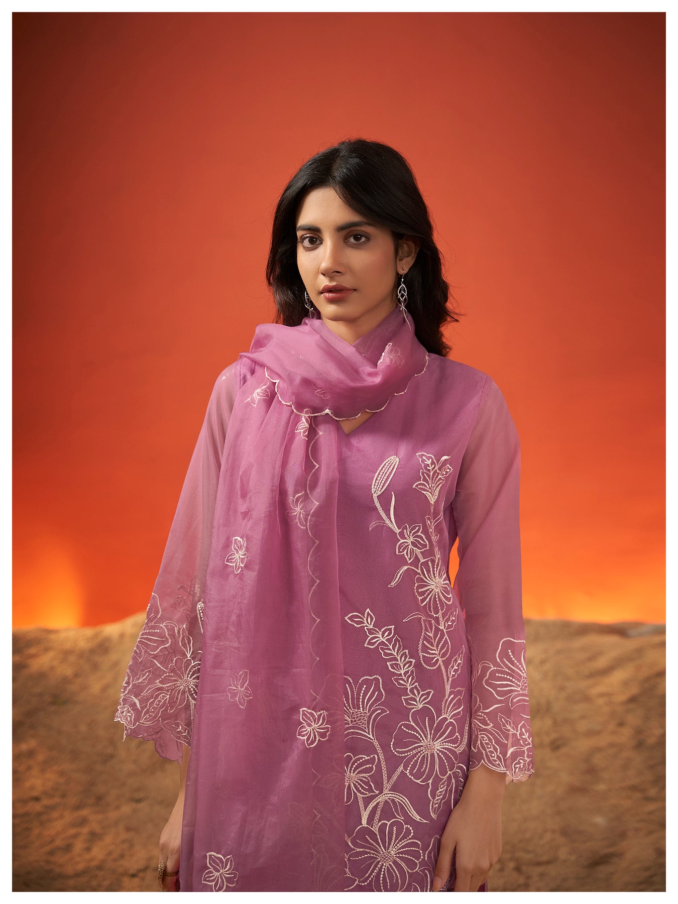 Lavender layered kurta set with scallop dupatta