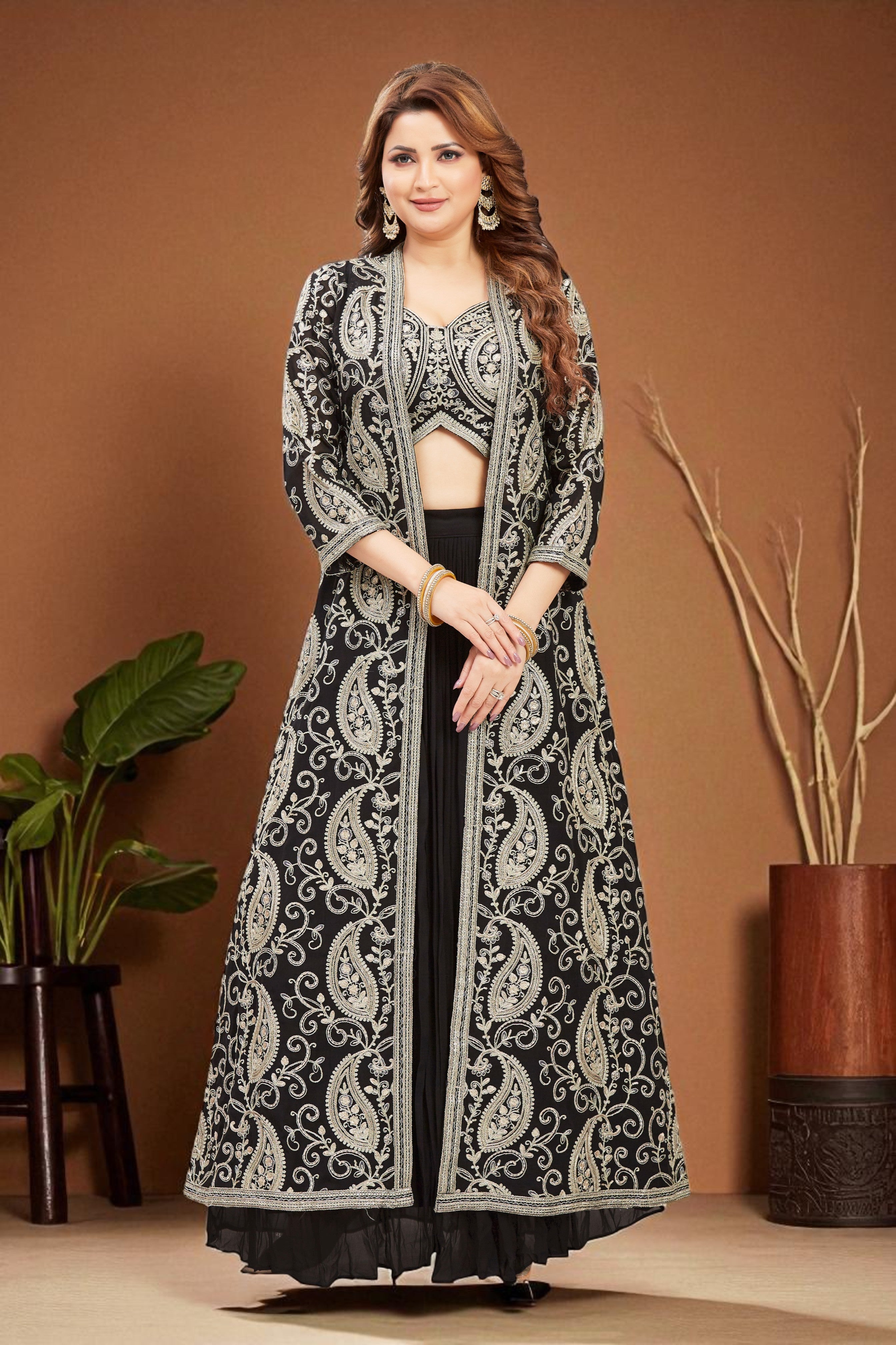 Black paisley embroidered georgette jacket and skirt set