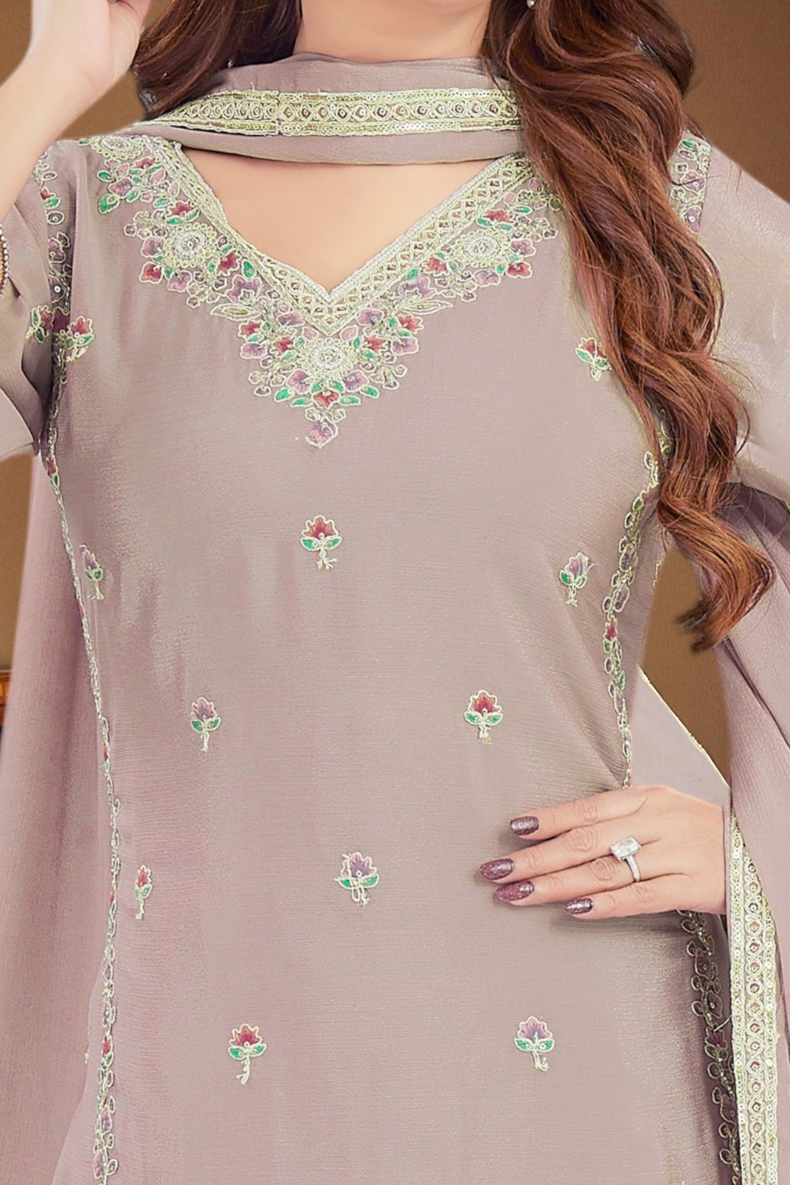 Dusky pink v-neck chinon silk palazzo set