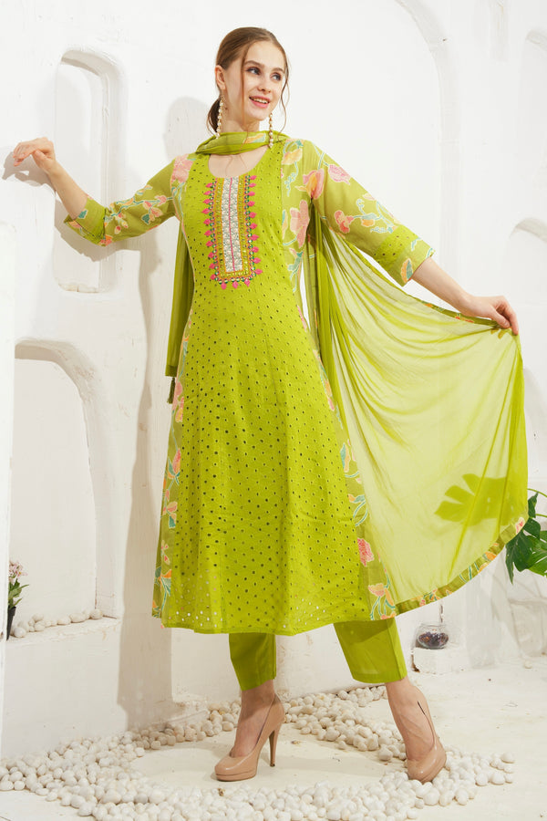 Lime green cotton eyelet anarkali kurta set with chiffon dupatta
