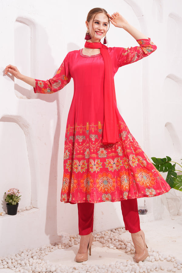 Rose red pure crepe printed anarkali set with chiffon dupatta