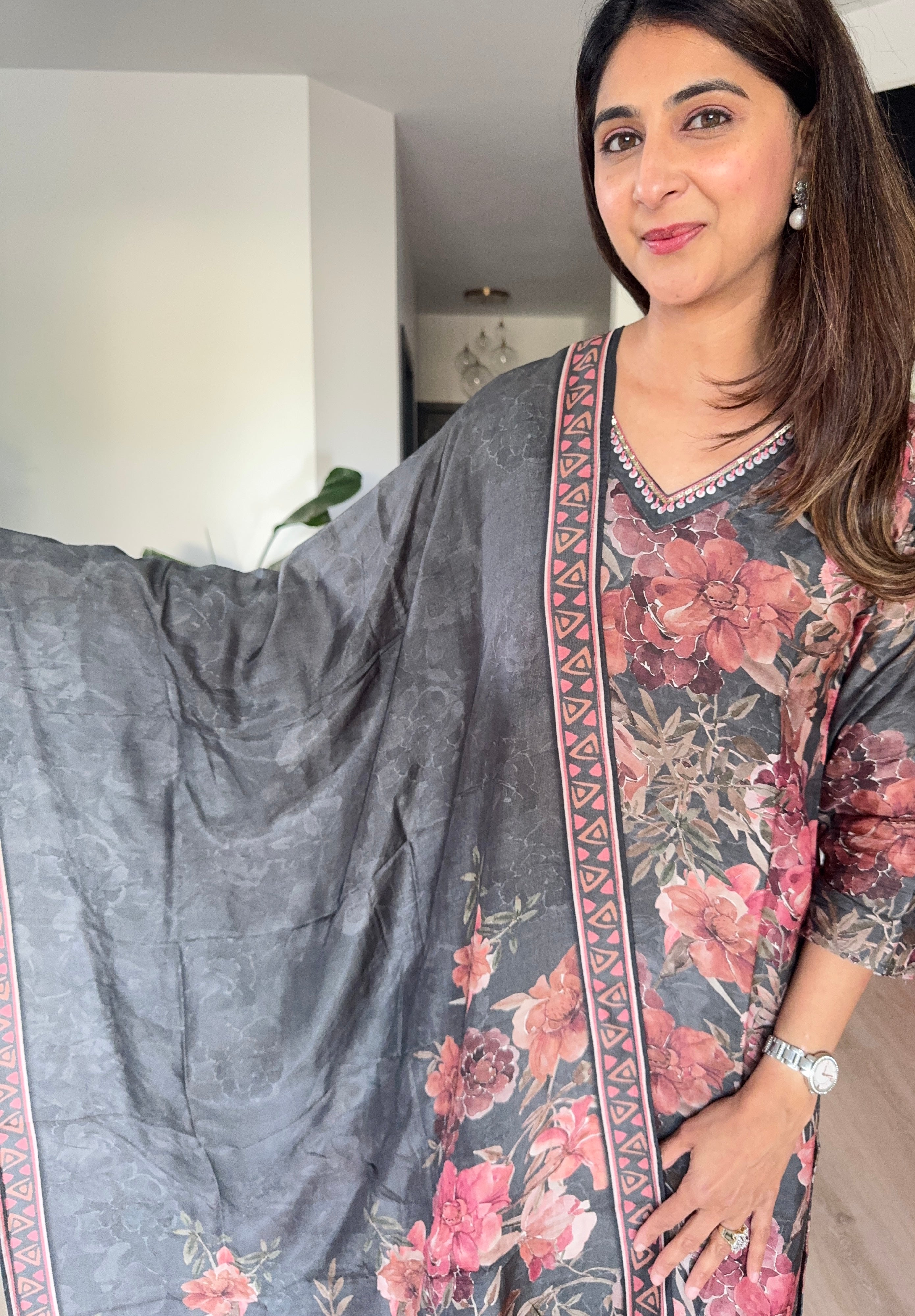 Dark grey floral printed muslin kurta set