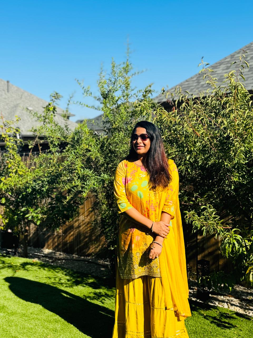 Mustard yellow floral printed sharara set
