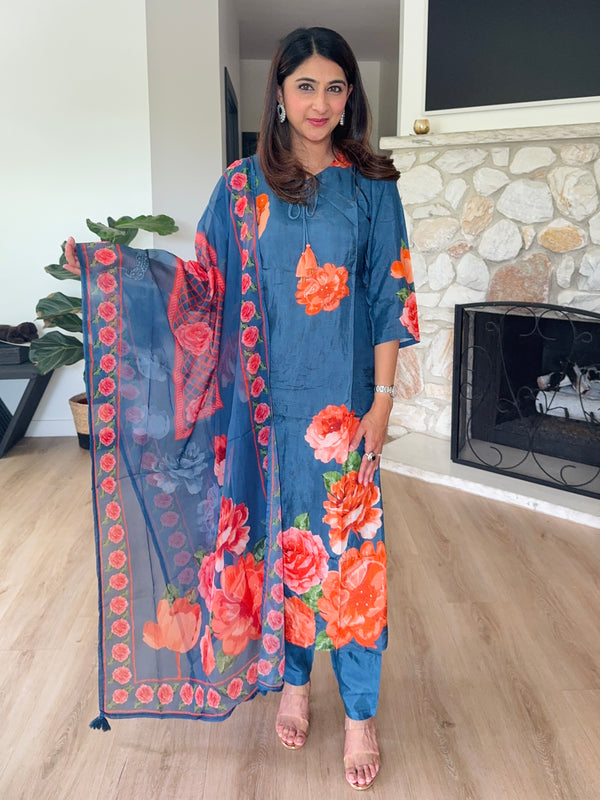 Cobalt blue muslin floral printed kurta set with organza dupatta