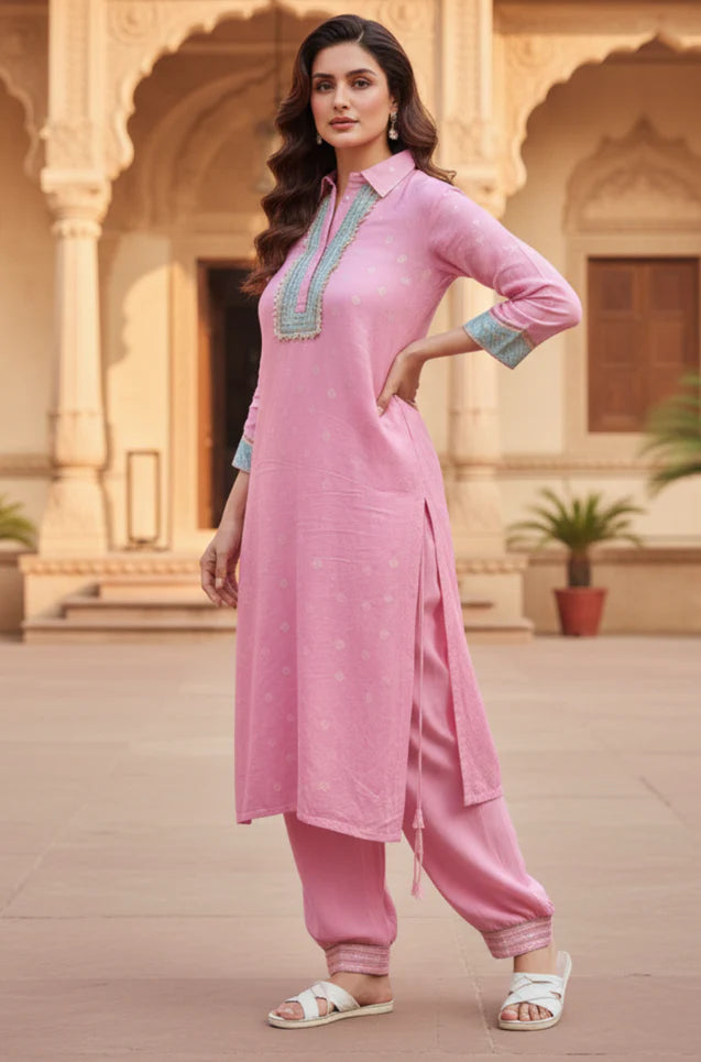Soft pink collared jacquard silk kurta and pathani pant 2 piece set