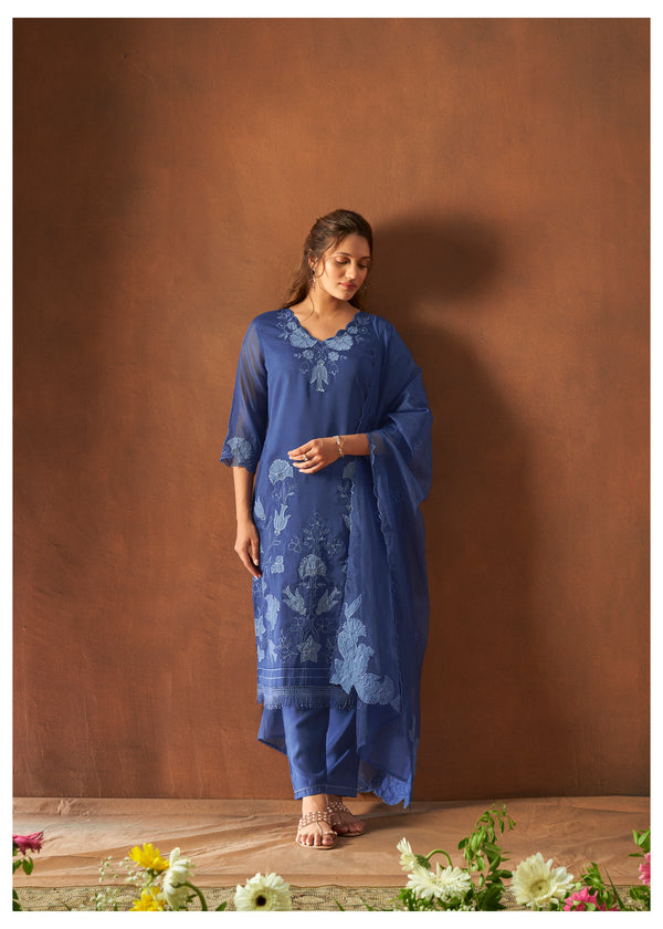 Cobalt blue kurta set with scallop dupatta