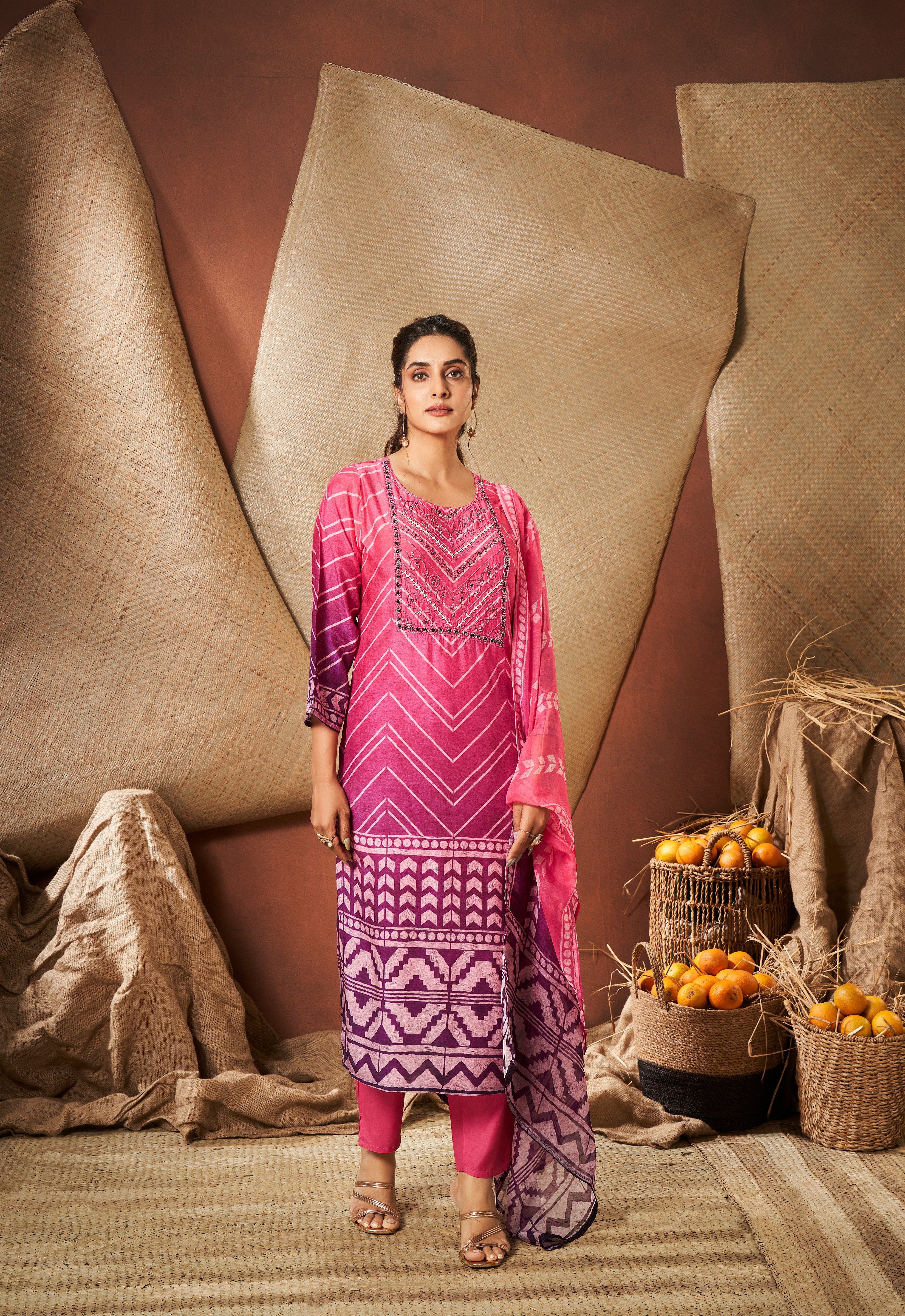 Pink Tie die kurta set with matching dupatta