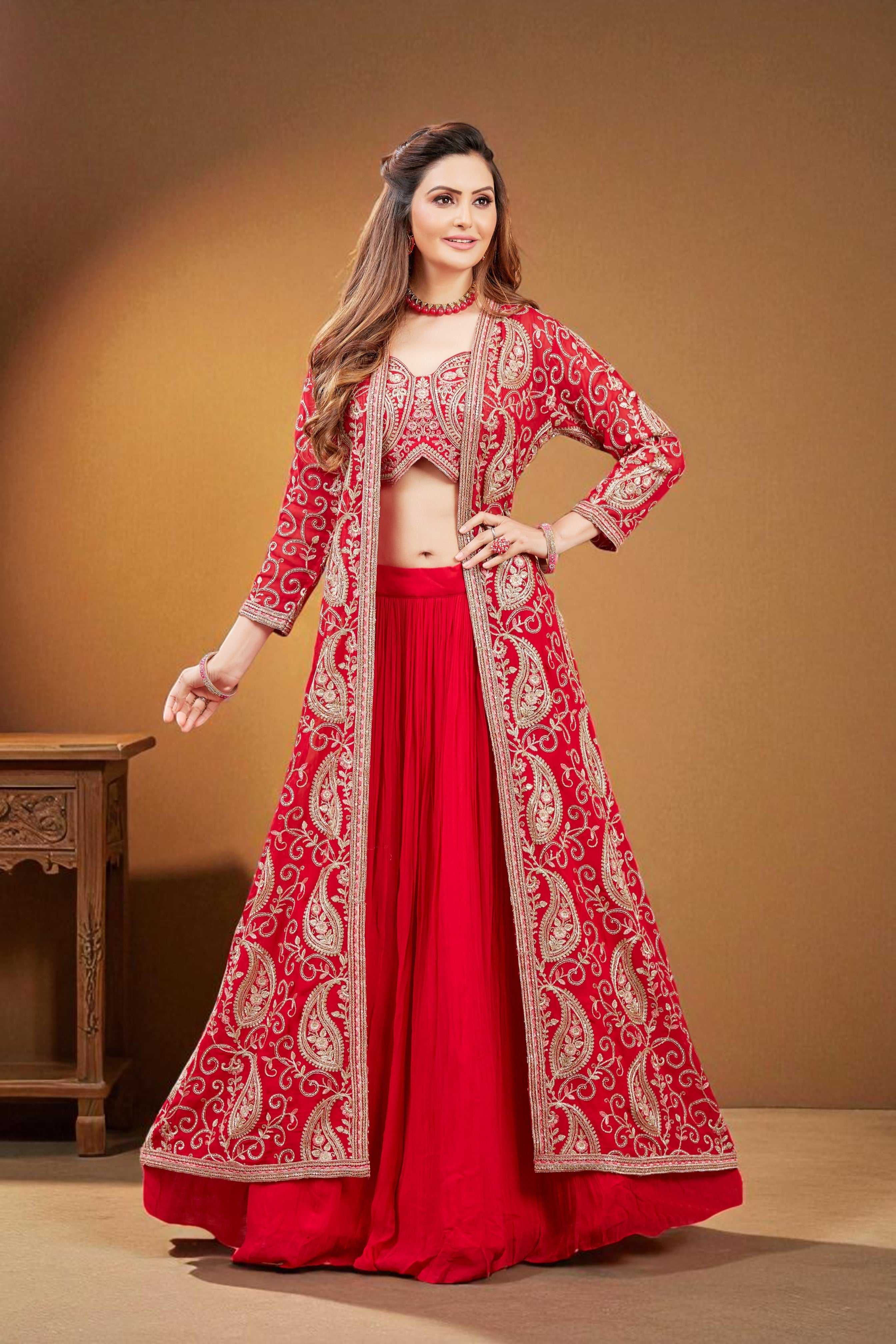 Deep pink paisley embroidered georgette jacket and skirt set