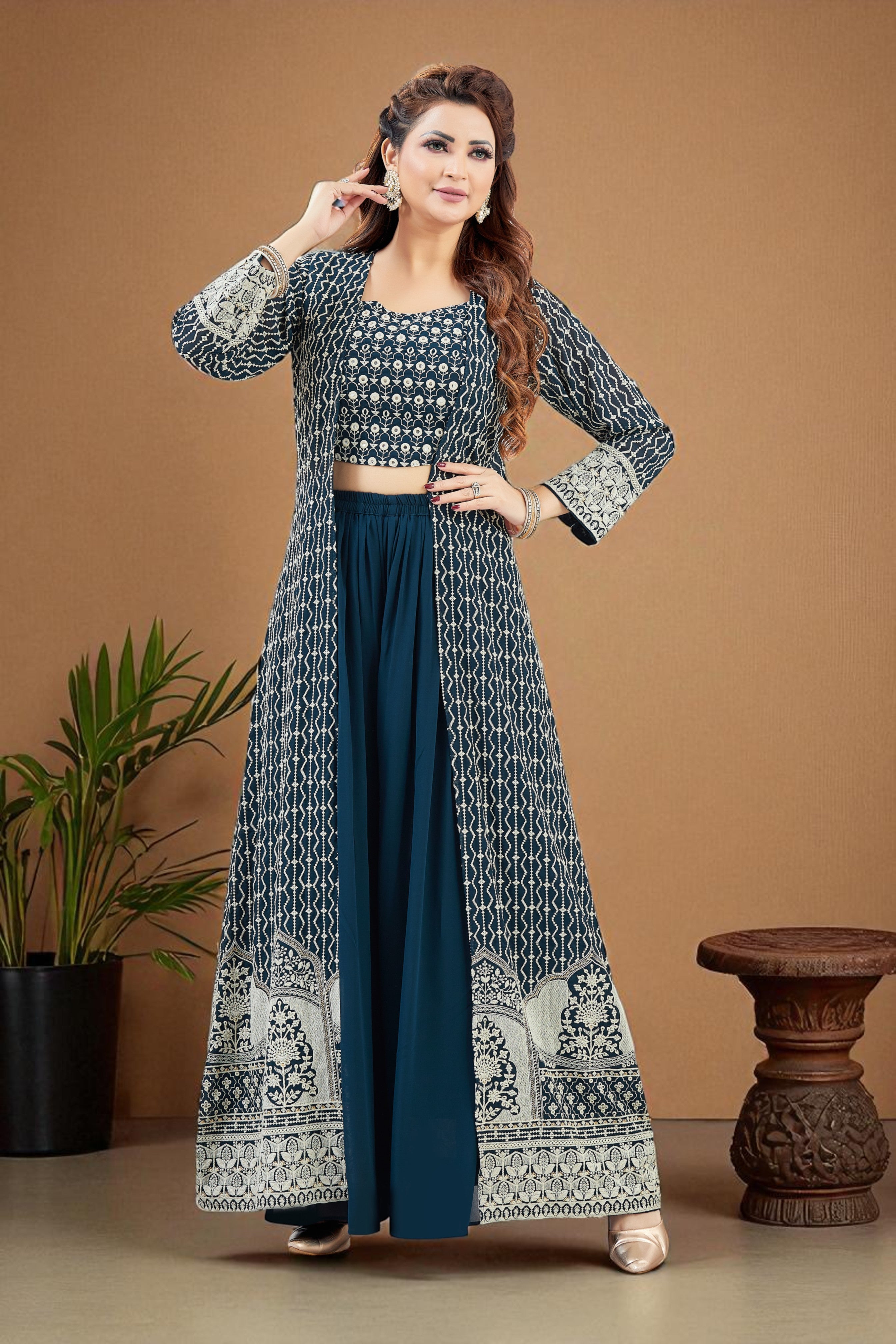 Navy blue embroidered jacket and palazzo set