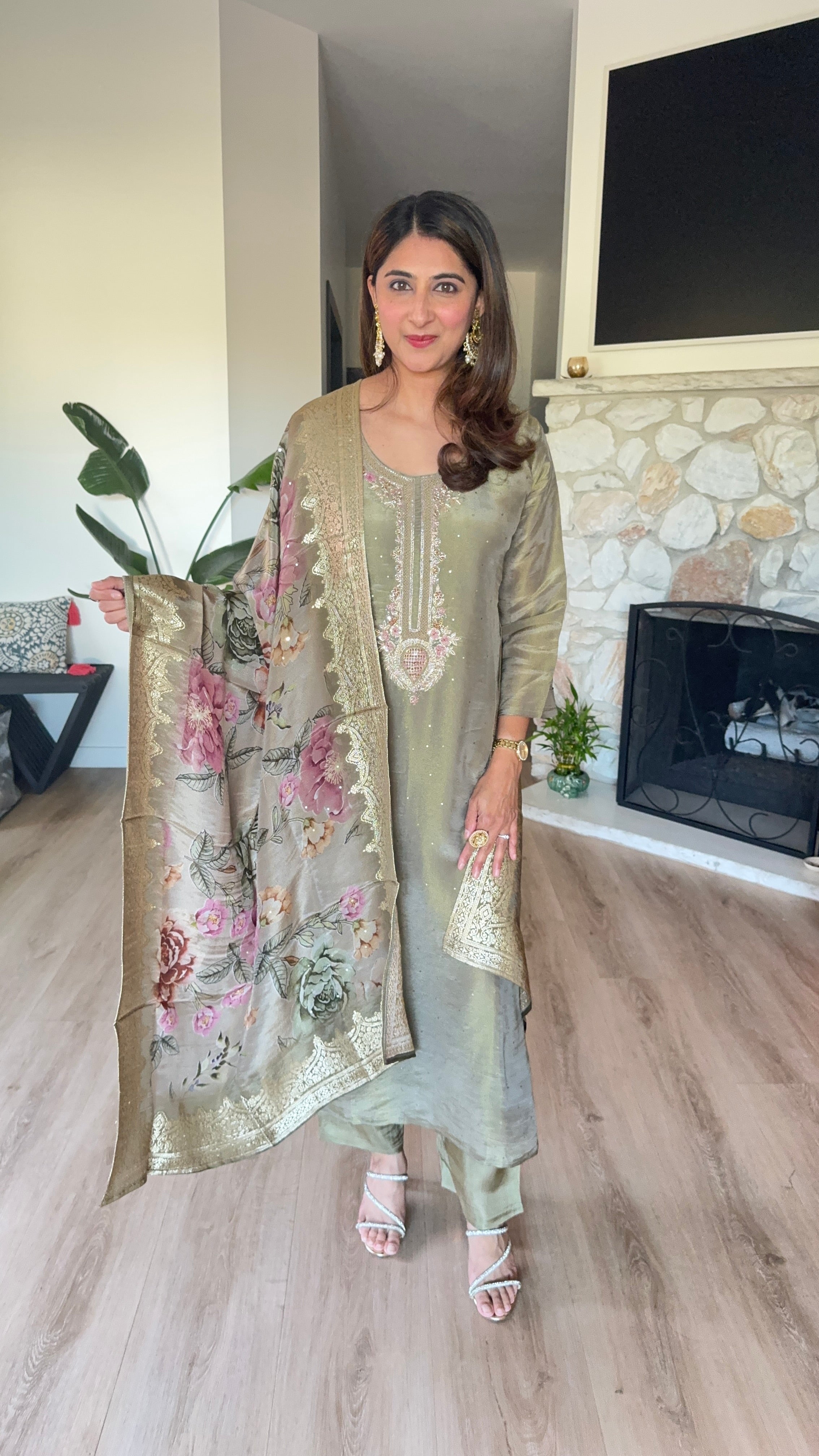 Olive green soft shimmer tissue silk kurta set with multi floral organza dupatta