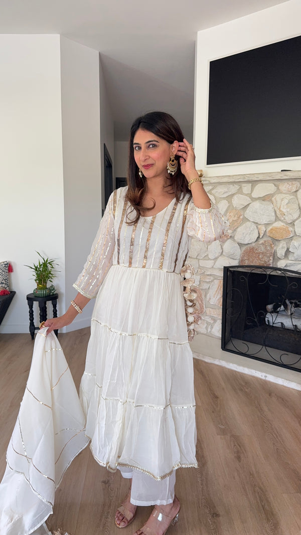 White with gold stripe Anarkali kurta Set