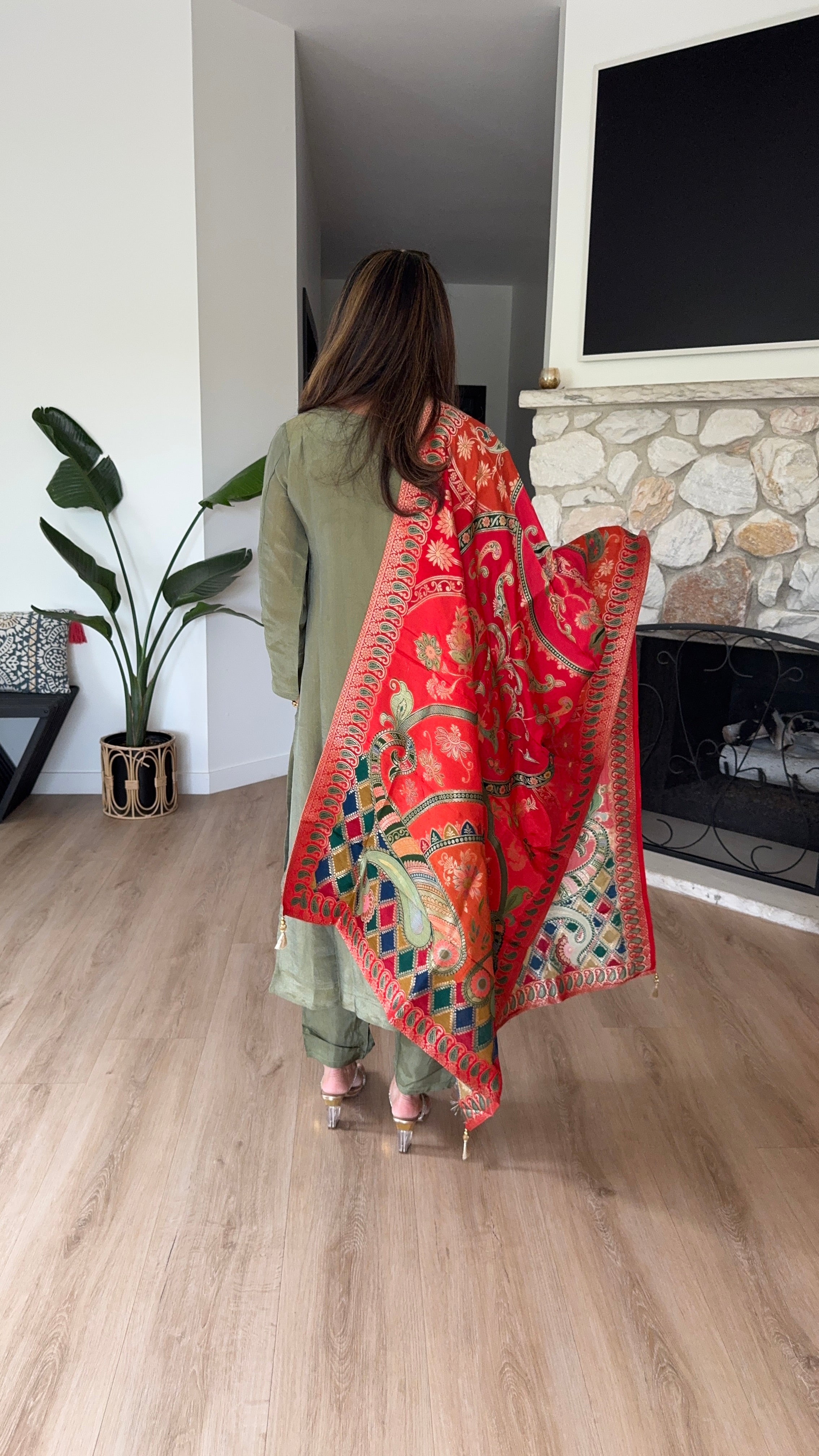 Olive green shimmer silk kurta set with red brocade dupatta