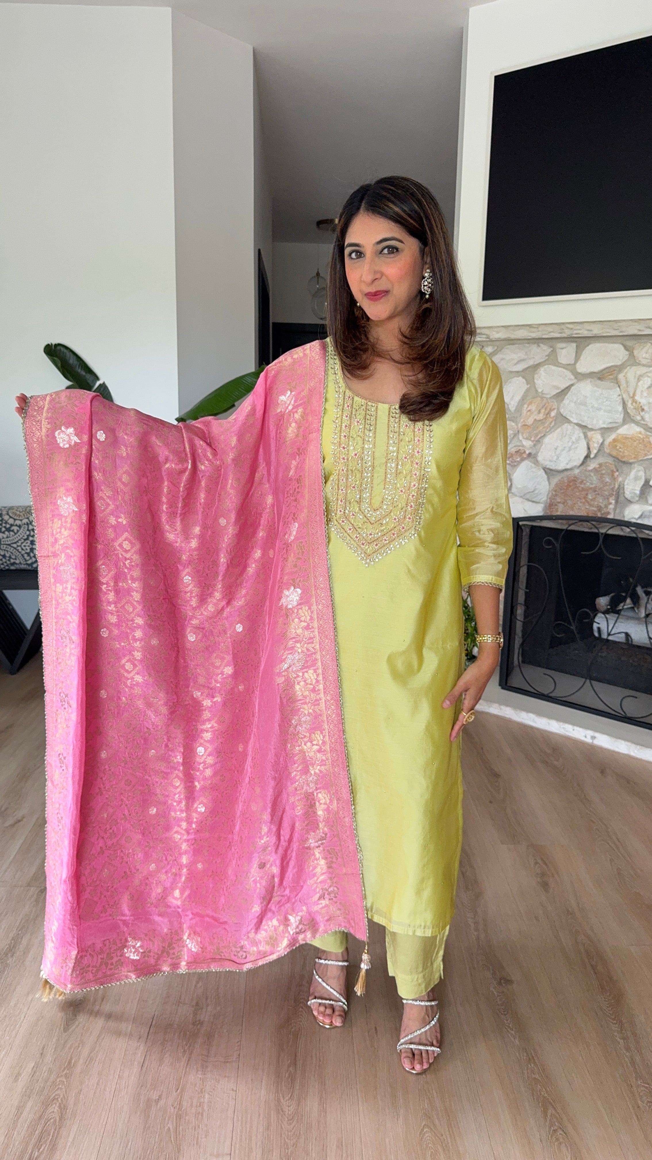 Lemon yellow chanderi silk kurta set with soft pink brocade dupatta