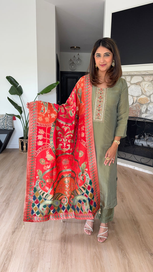 Olive green shimmer silk kurta set with red brocade dupatta