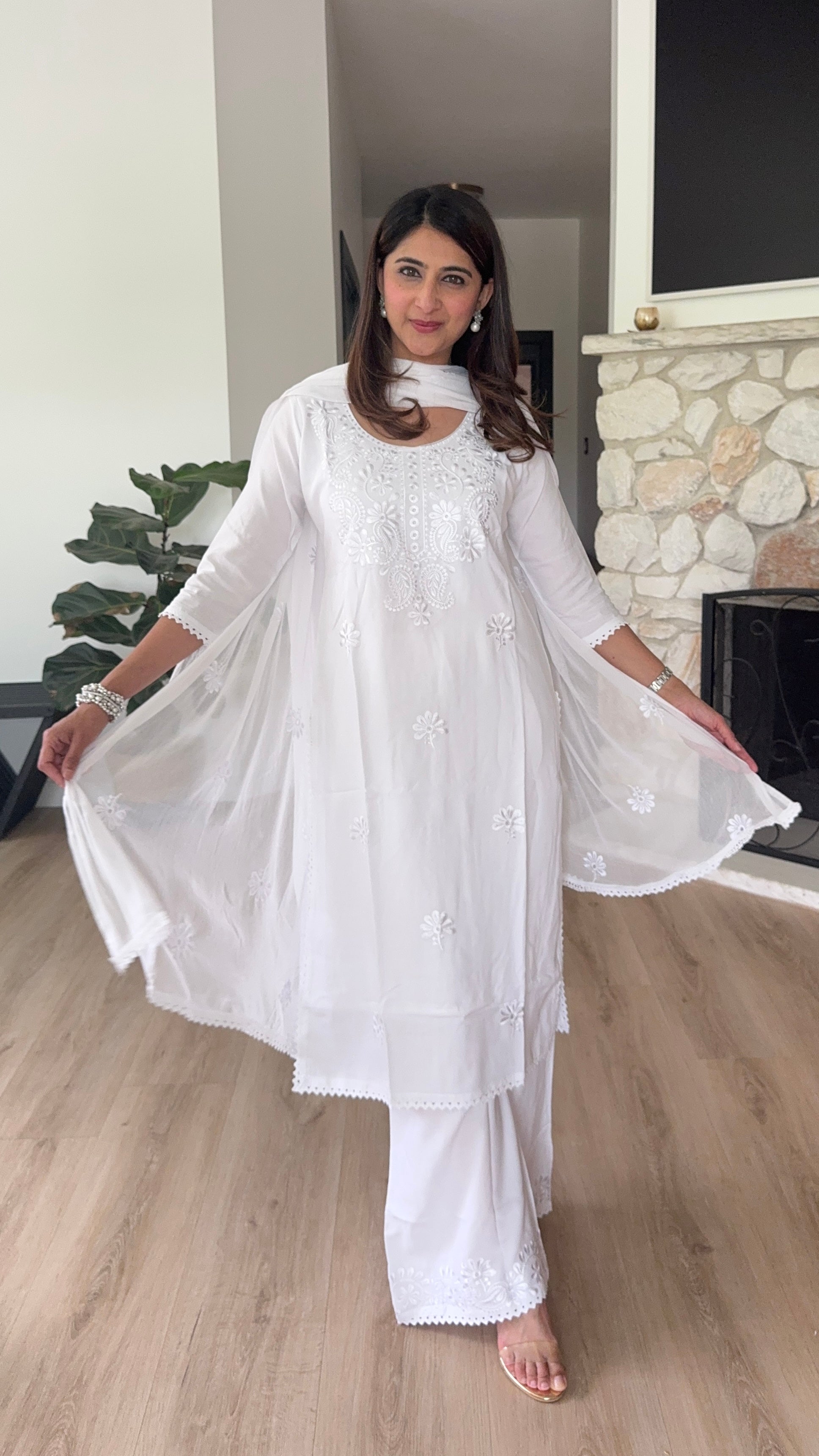 White rayon kurta and palazzo set with chiffon dupatta
