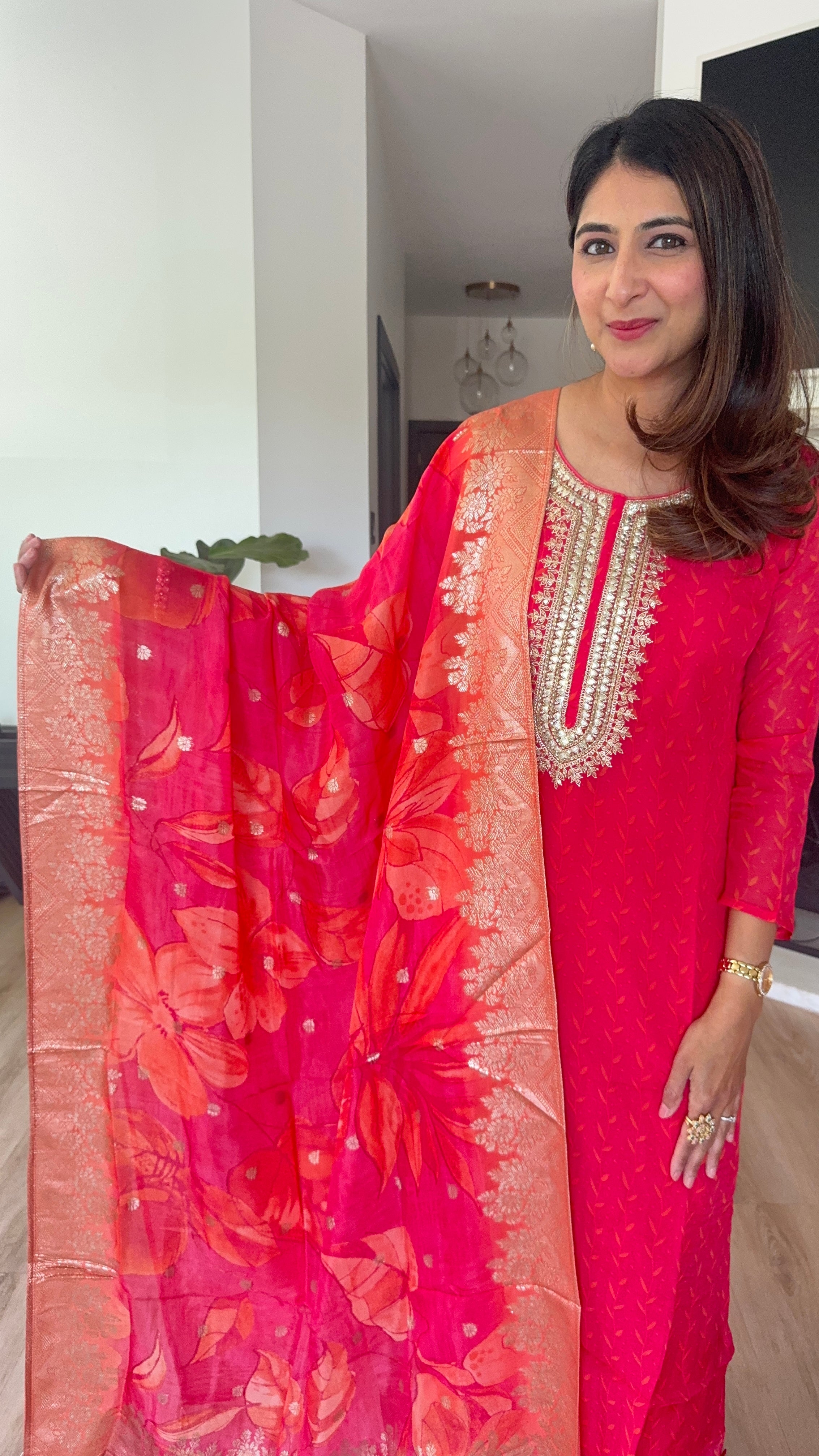 Bright red soft organza printed kurta set with red organza dupatta