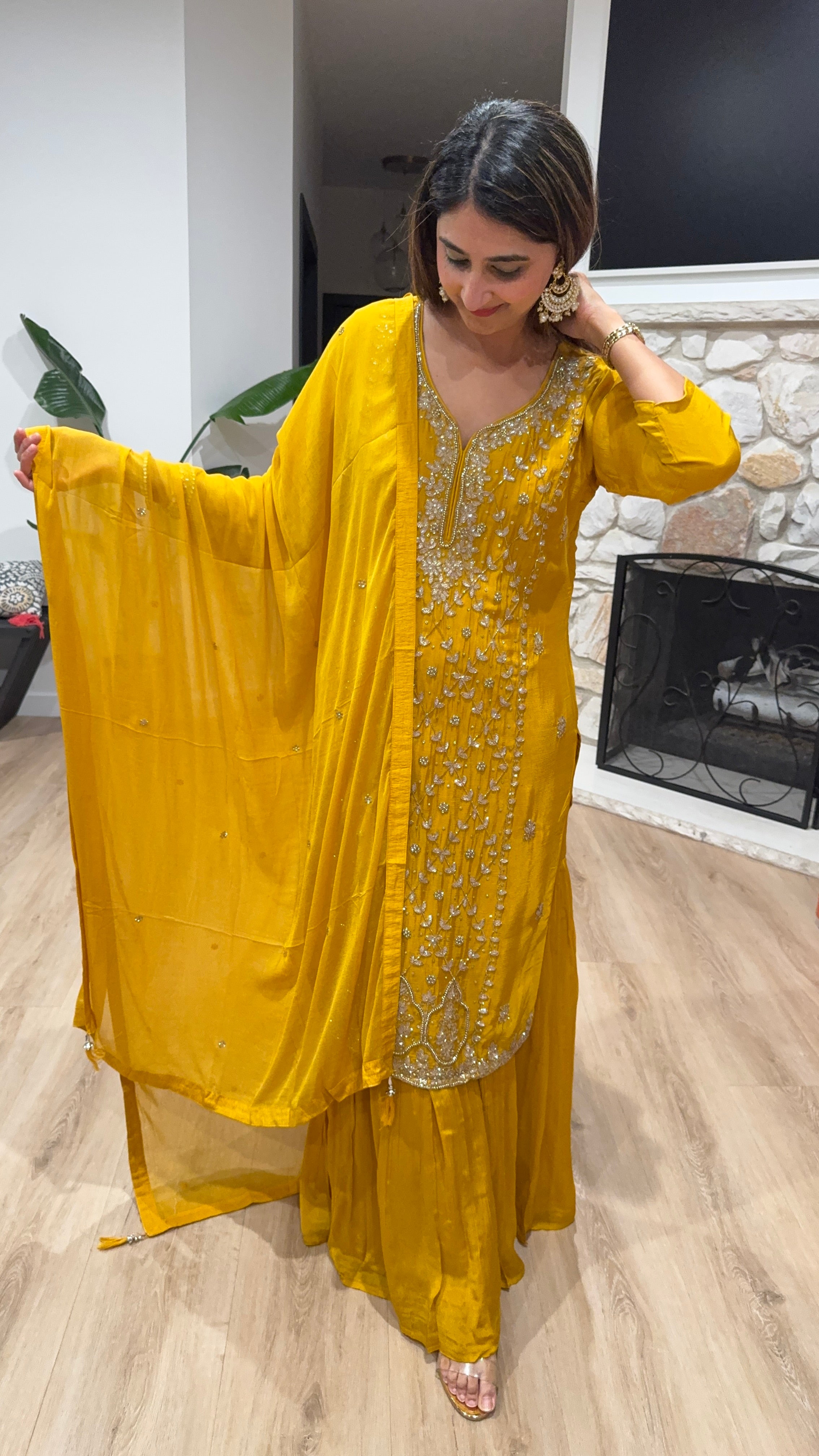 Golden yellow chiffon sharara set with chiffon dupatta