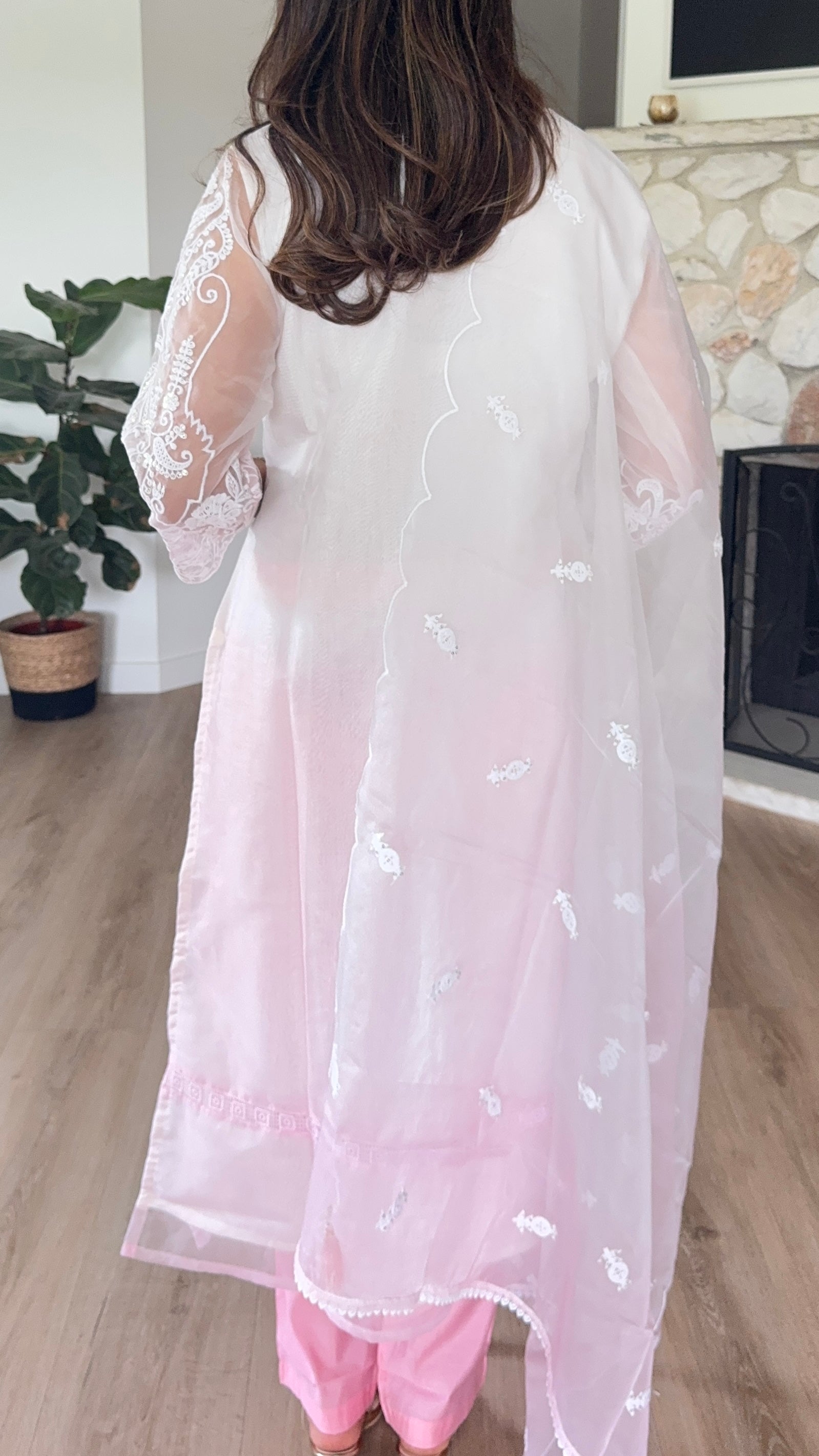 White and pink organza kurta set with organza dupatta