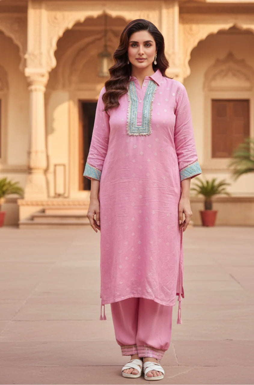 Soft pink collared jacquard silk kurta and pathani pant 2 piece set