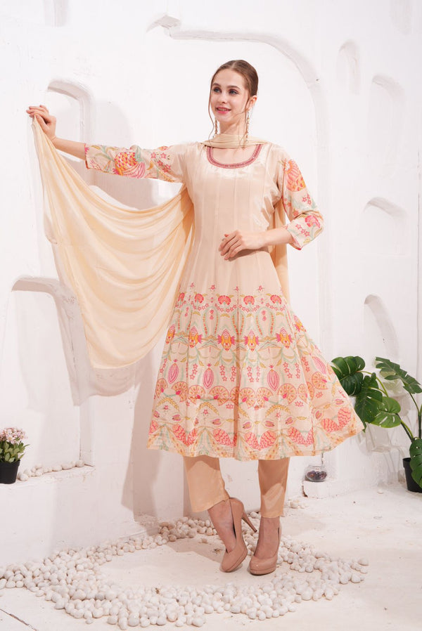 Light beige pure crepe printed anarkali kurta set with chiffon dupatta