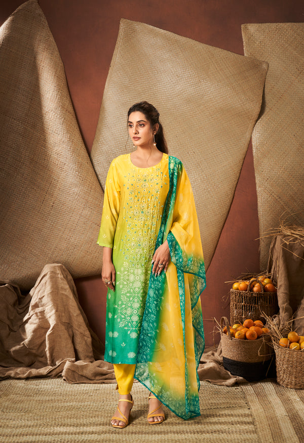 Lemon yellow tie die kurta set with matching dupatta