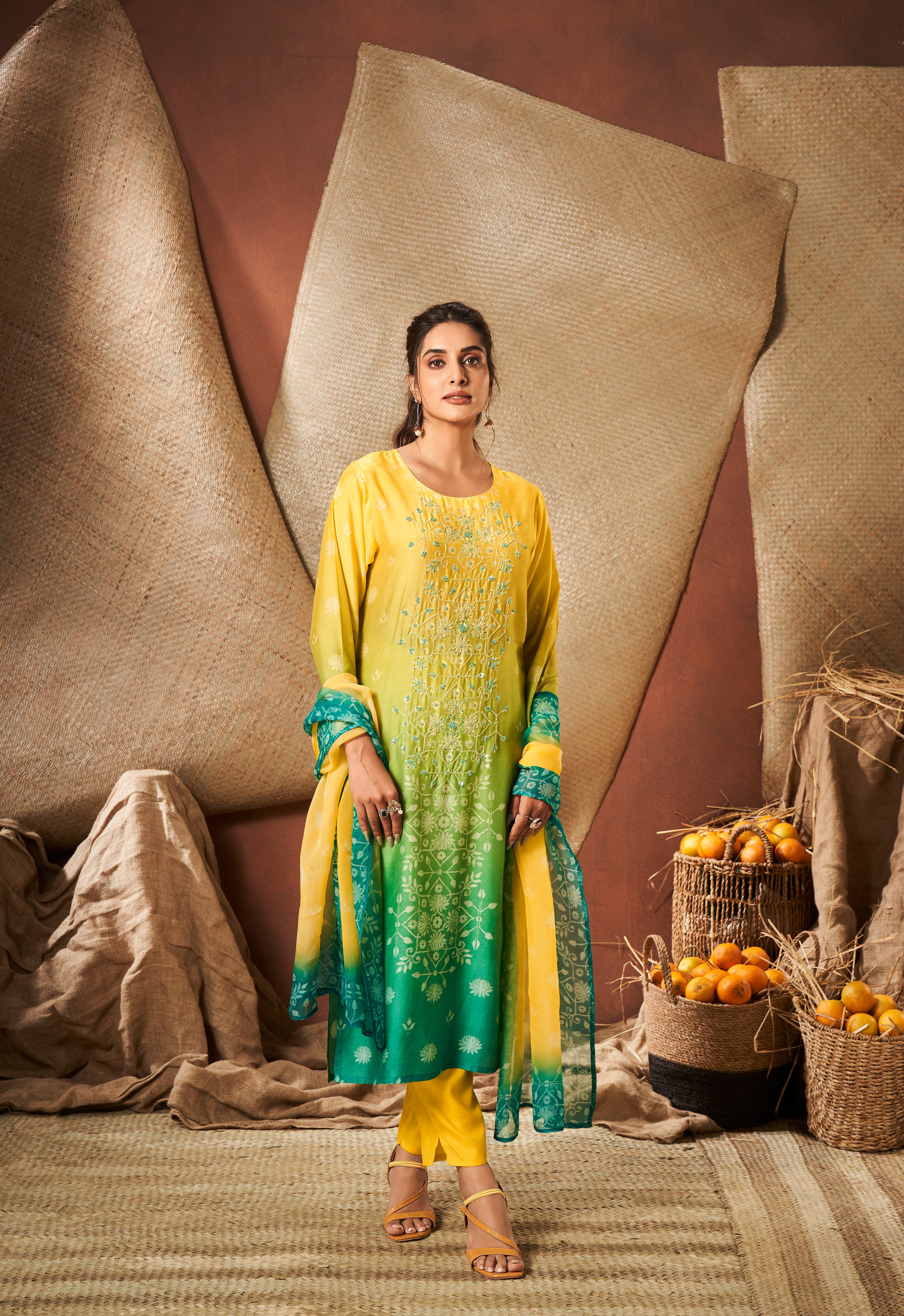 Lemon yellow tie die kurta set with matching dupatta