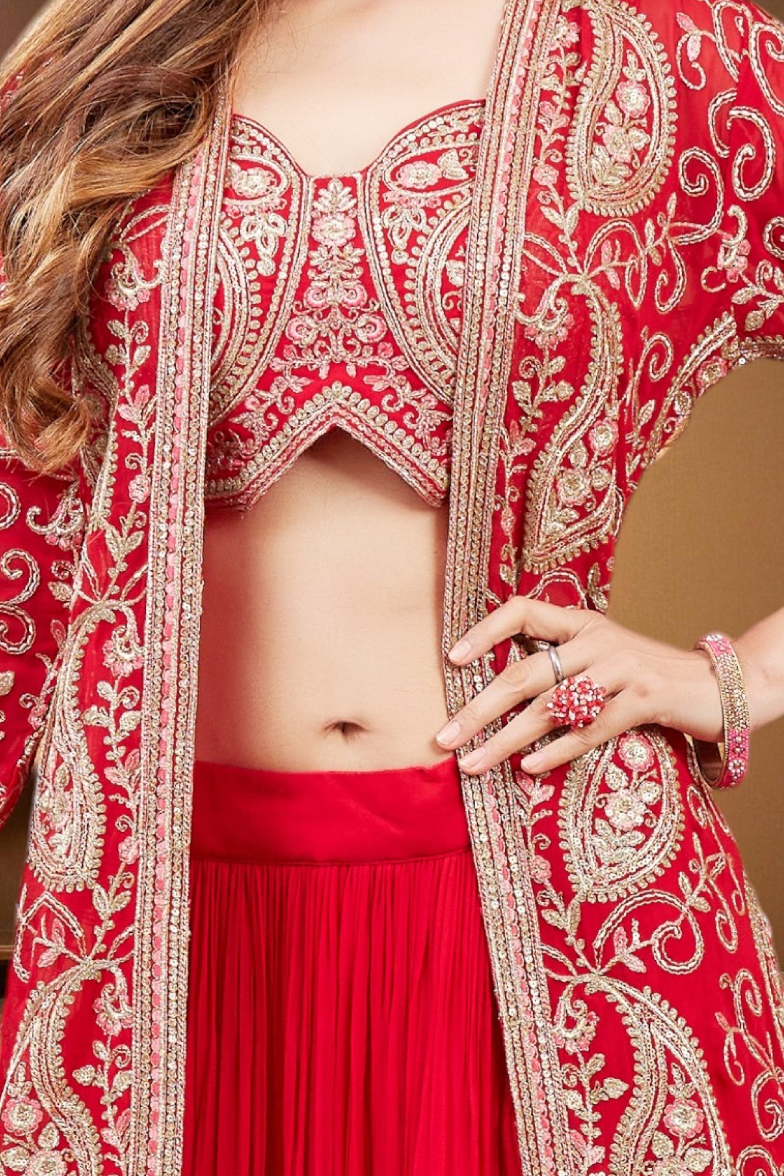 Deep pink paisley embroidered georgette jacket and skirt set