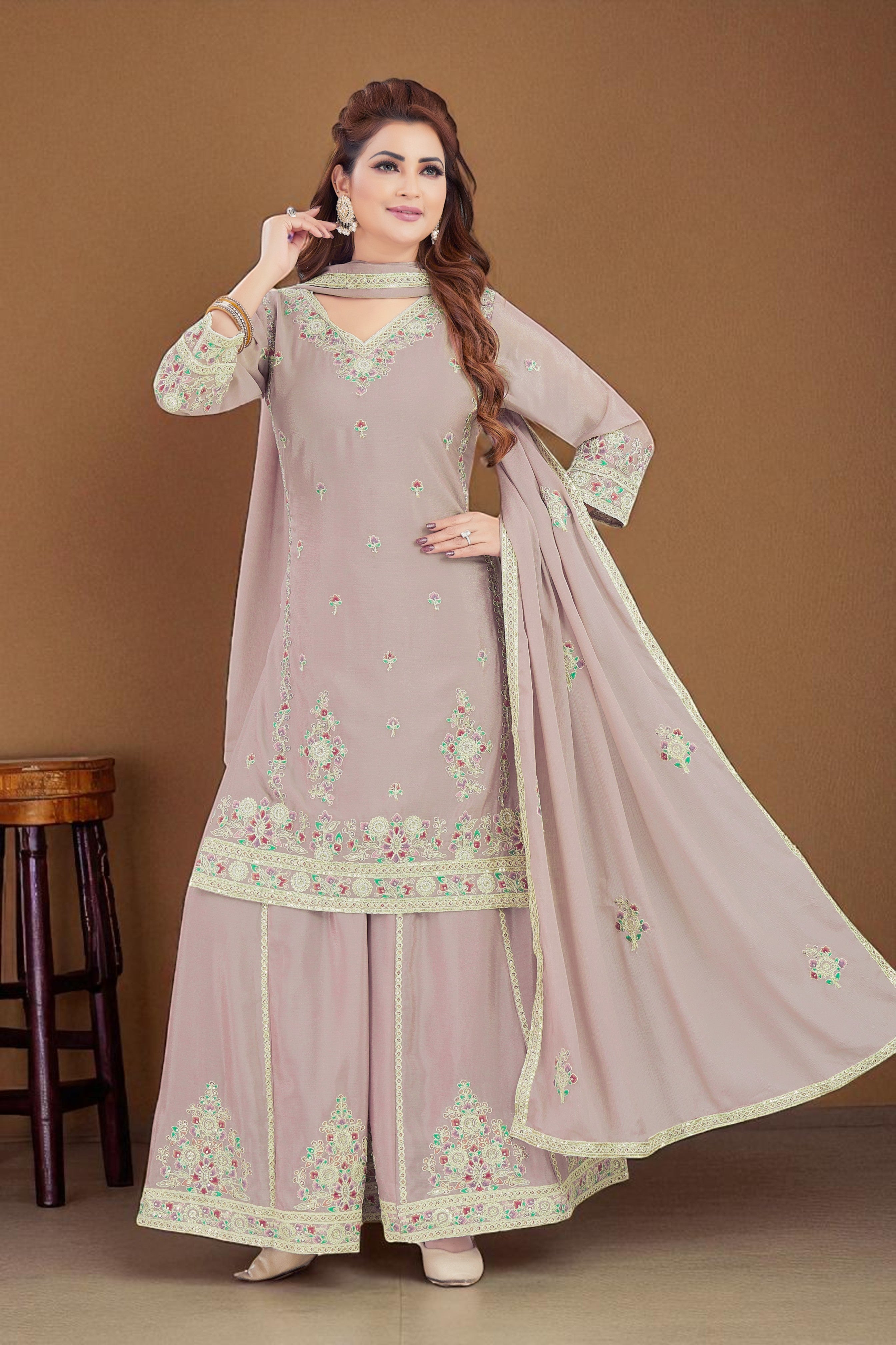 Dusky pink v-neck chinon silk palazzo set