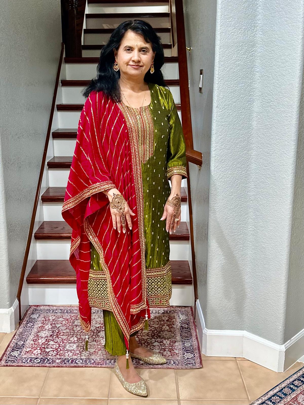 Parrot green kurta set with red dupatta