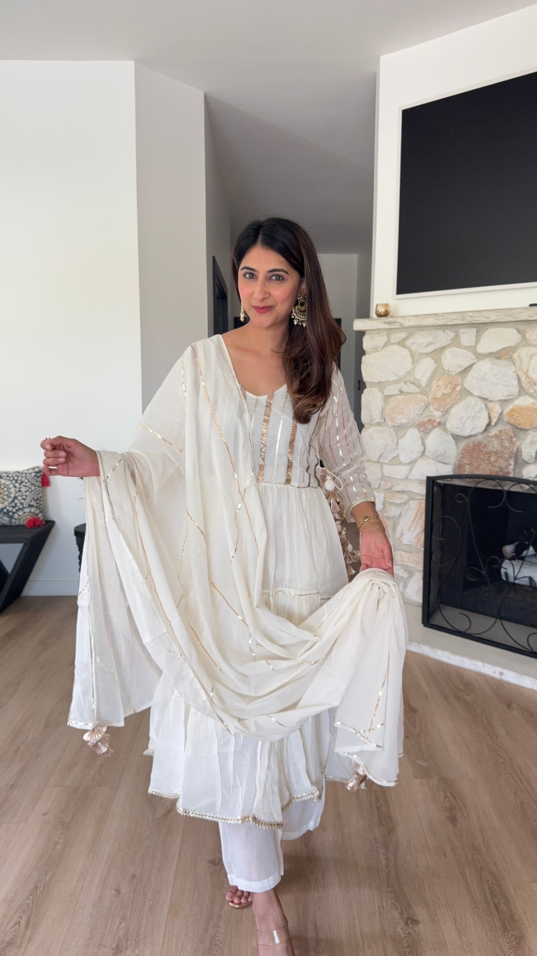 White with gold stripe Anarkali kurta Set