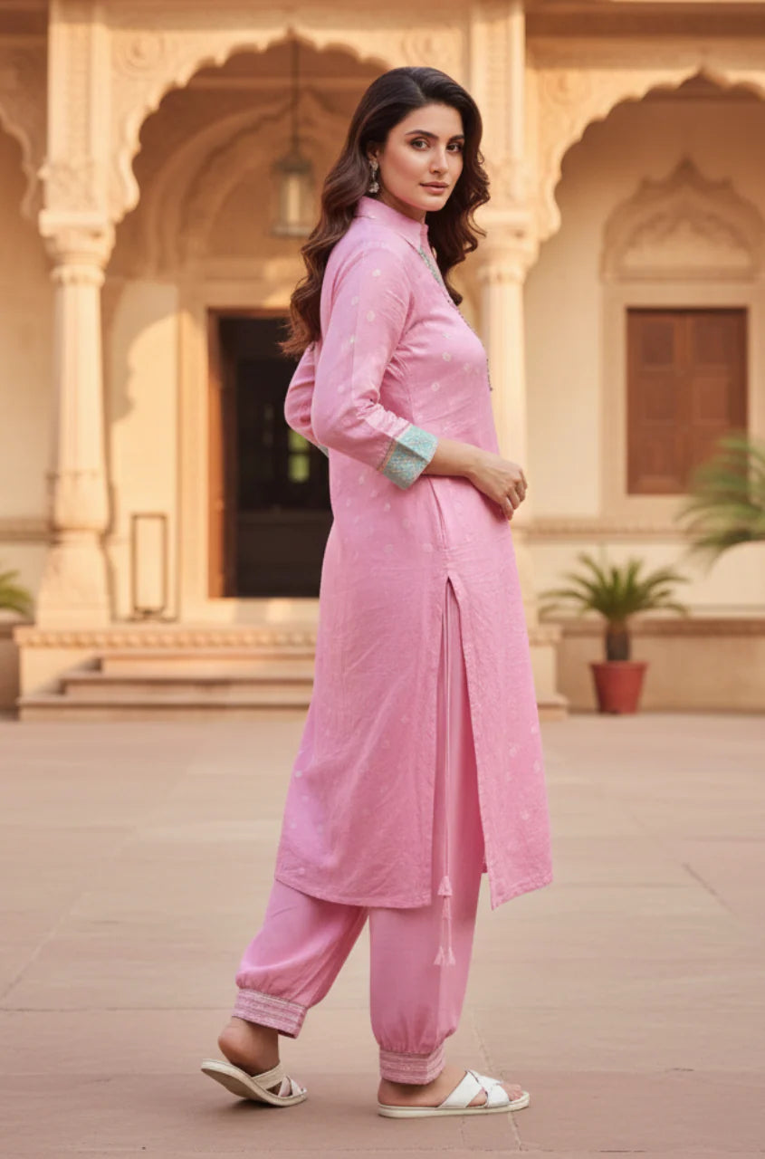 Soft pink collared jacquard silk kurta and pathani pant 2 piece set