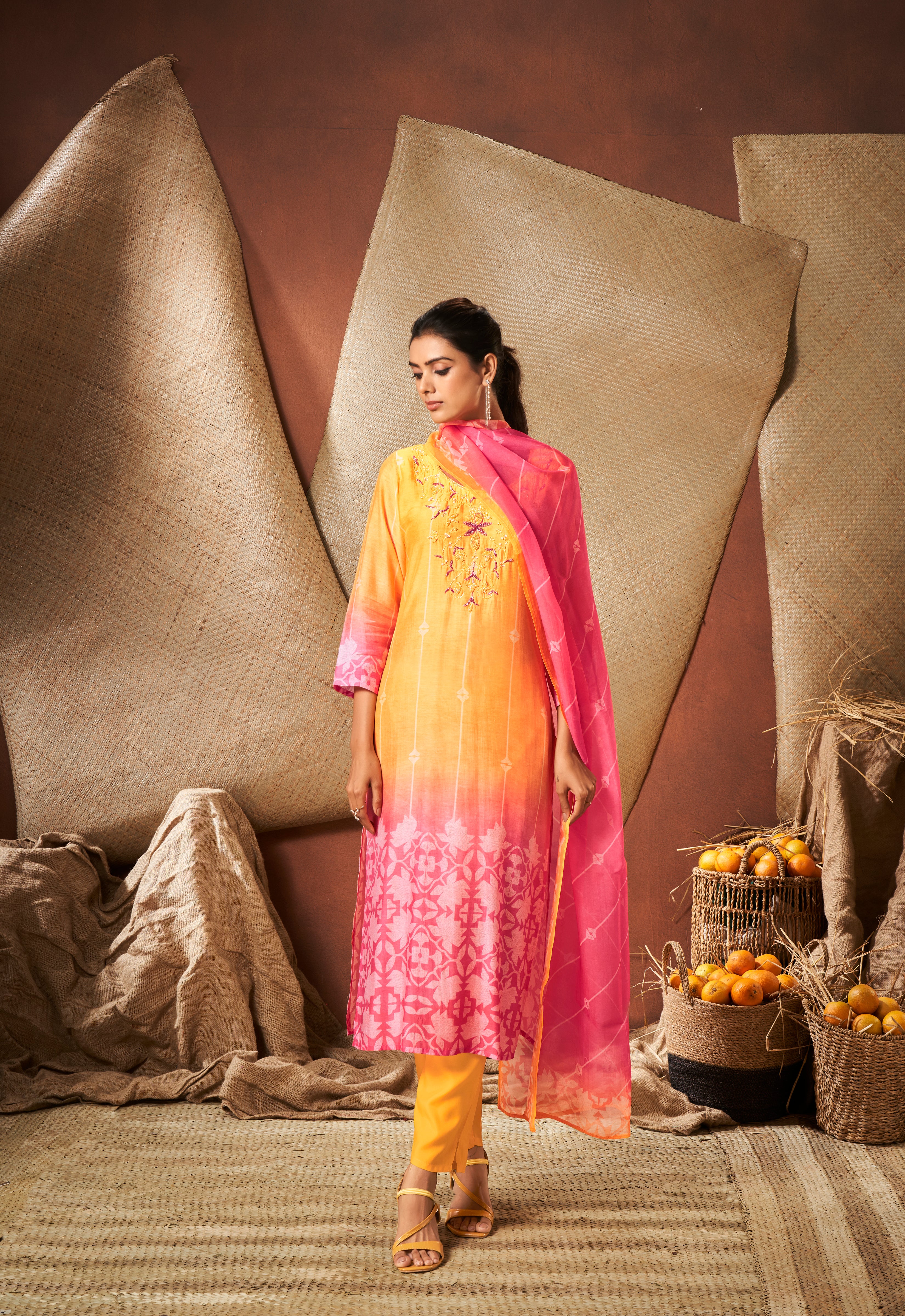 Bright yellow tie die kurta set with dupatta