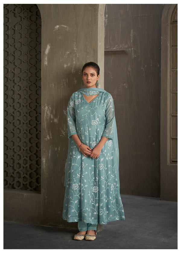 Baby blue anarkali kurta set with scallop dupatta