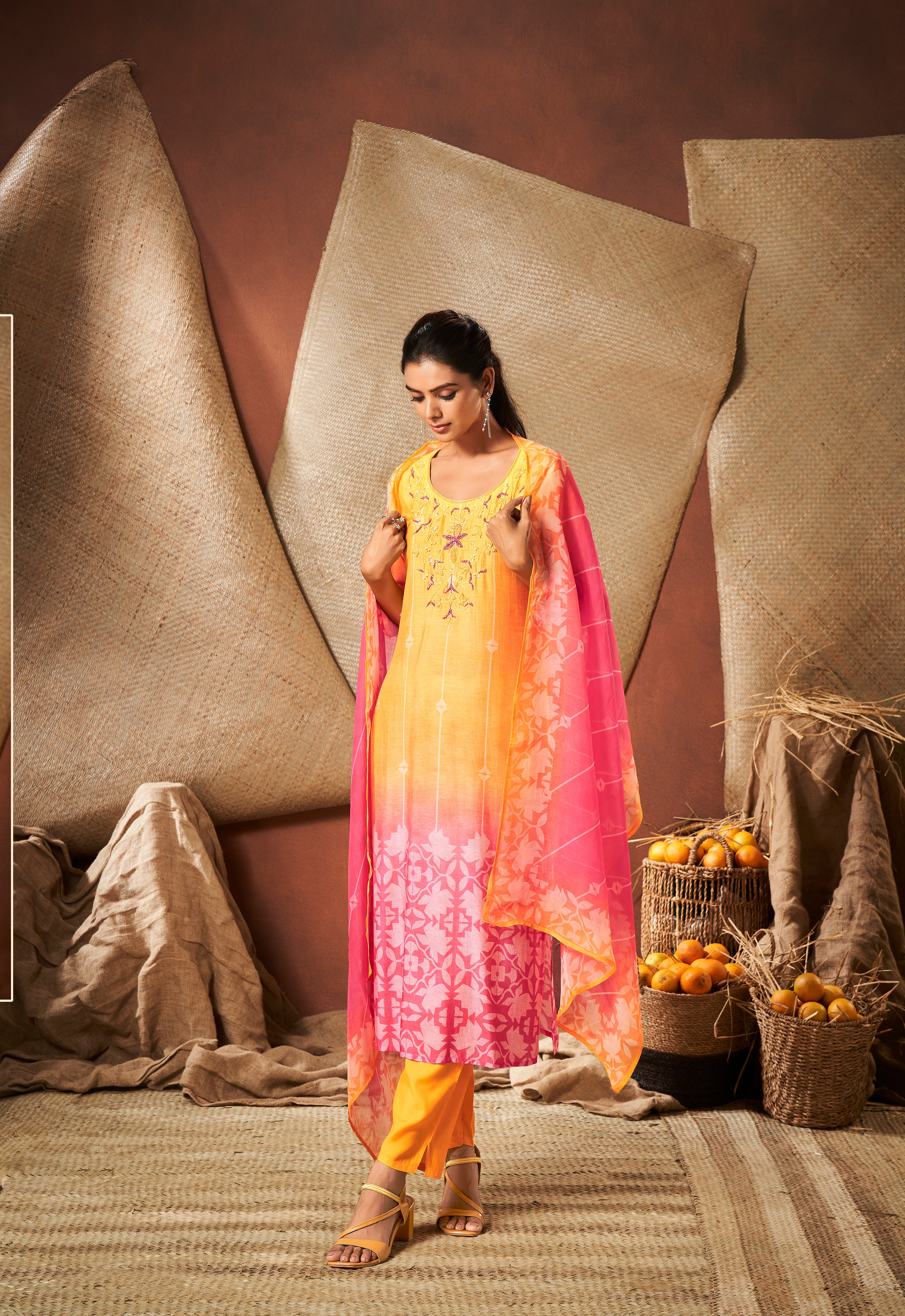 Bright yellow tie die kurta set with dupatta