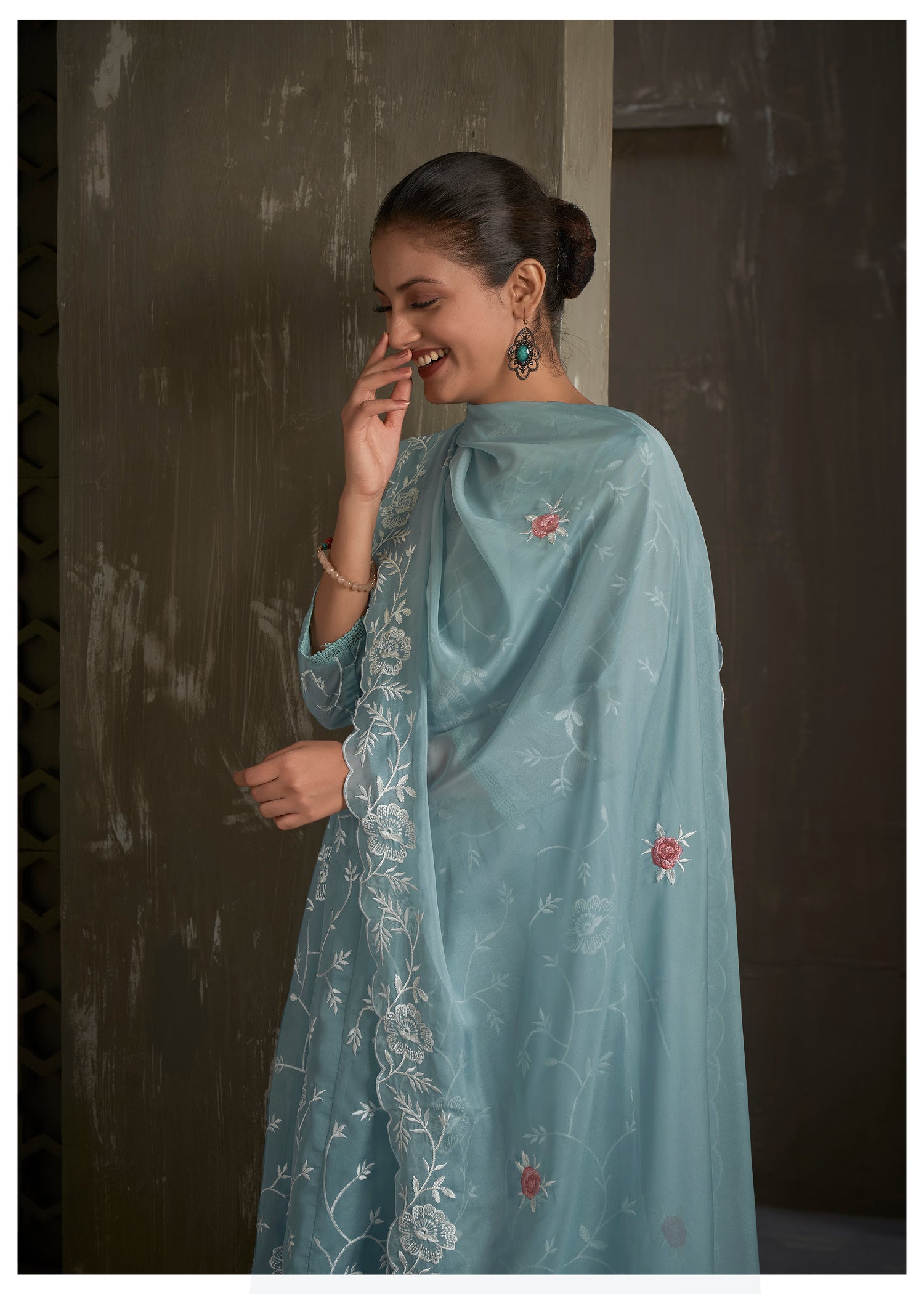 Baby blue anarkali kurta set with scallop dupatta