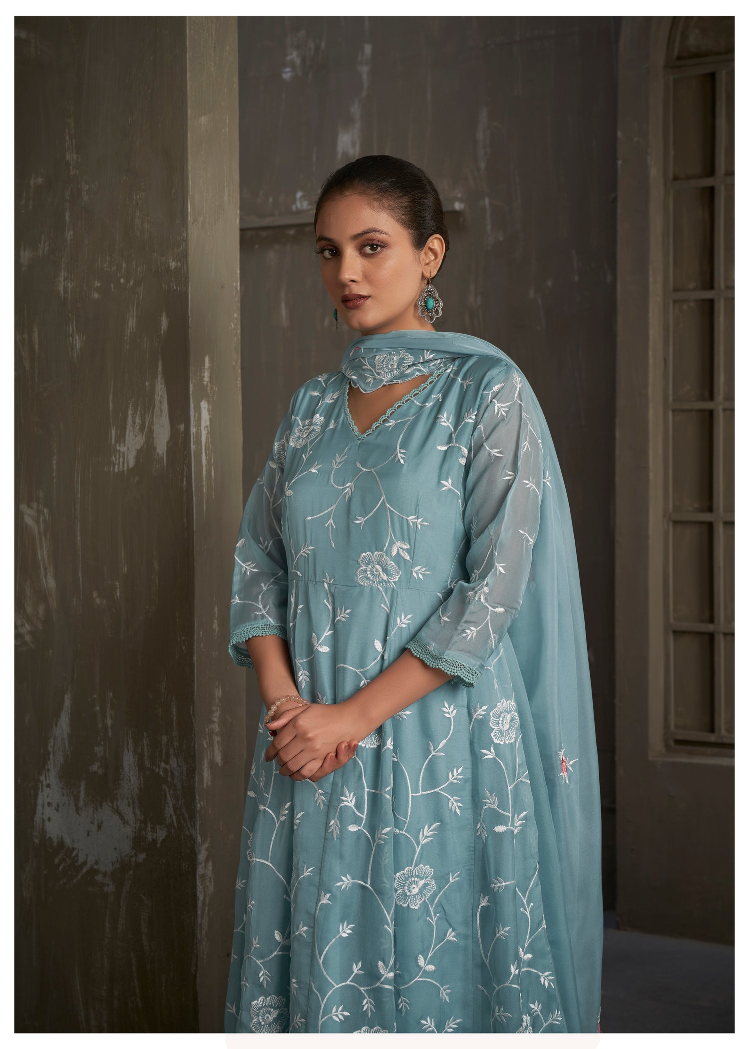 Baby blue anarkali kurta set with scallop dupatta