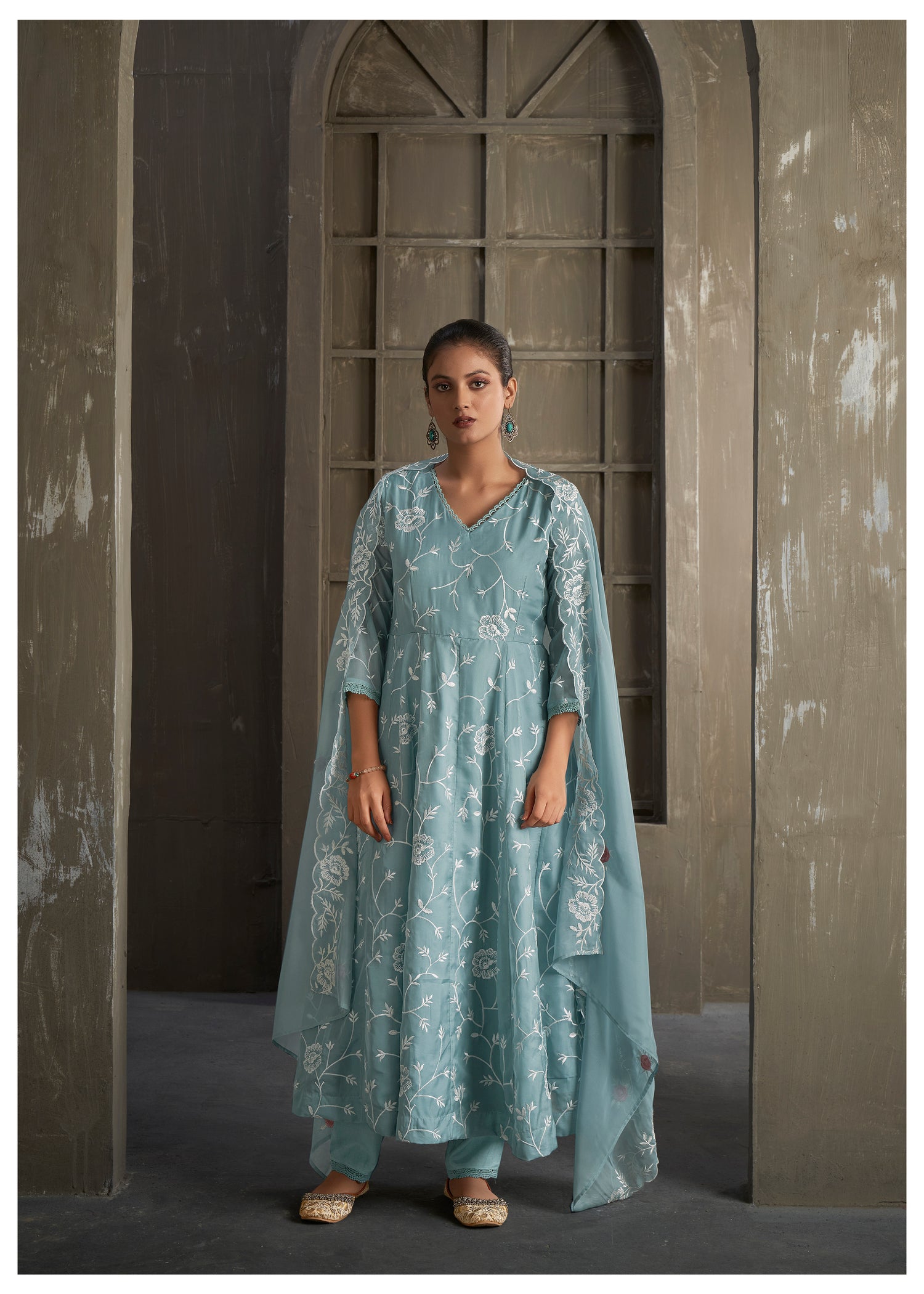 Baby blue anarkali kurta set with scallop dupatta