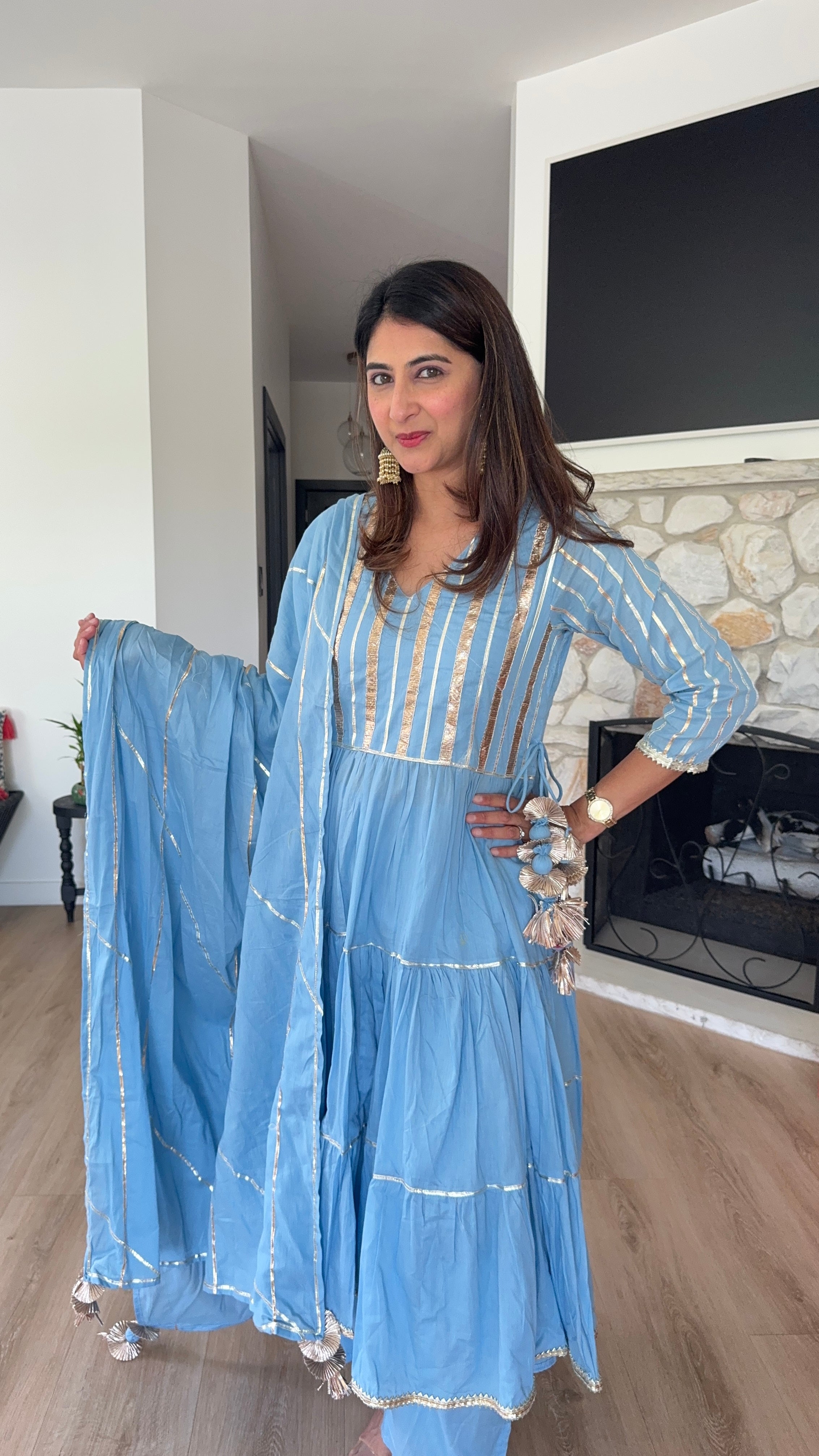 Sky blue with gold stripe anarkali set