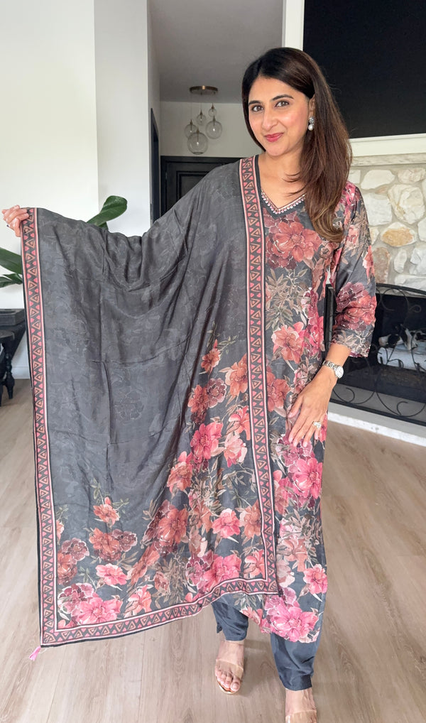 Dark grey floral printed muslin kurta set