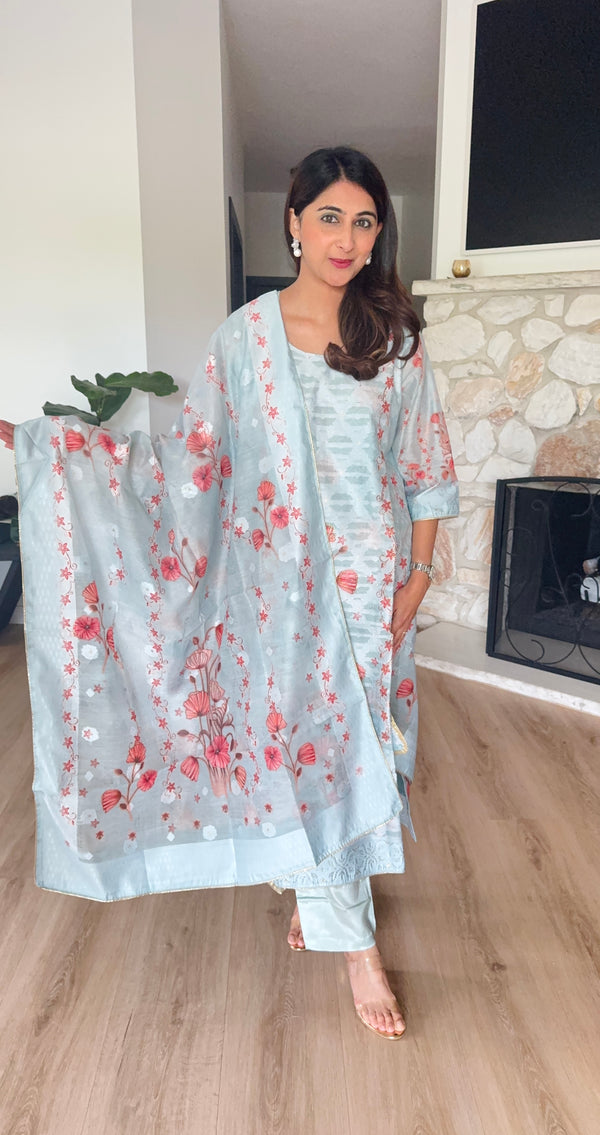 Baby blue floral chanderi kurta set with chanderi dupatta