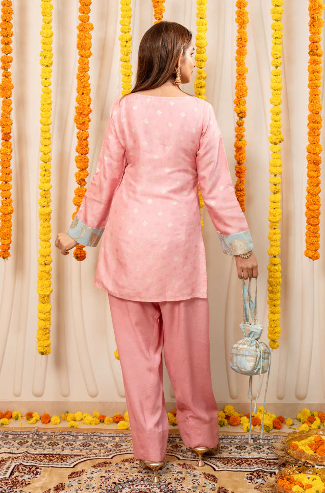 Pink and blue top and farshi salwaar 2 piece set with potli bag
