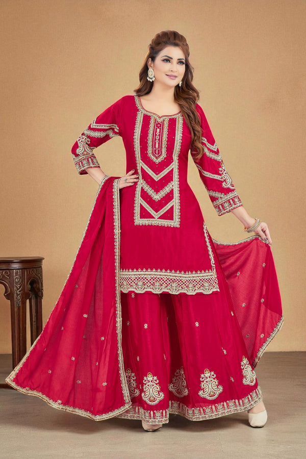 Deep red chinon embroidered palazzo set