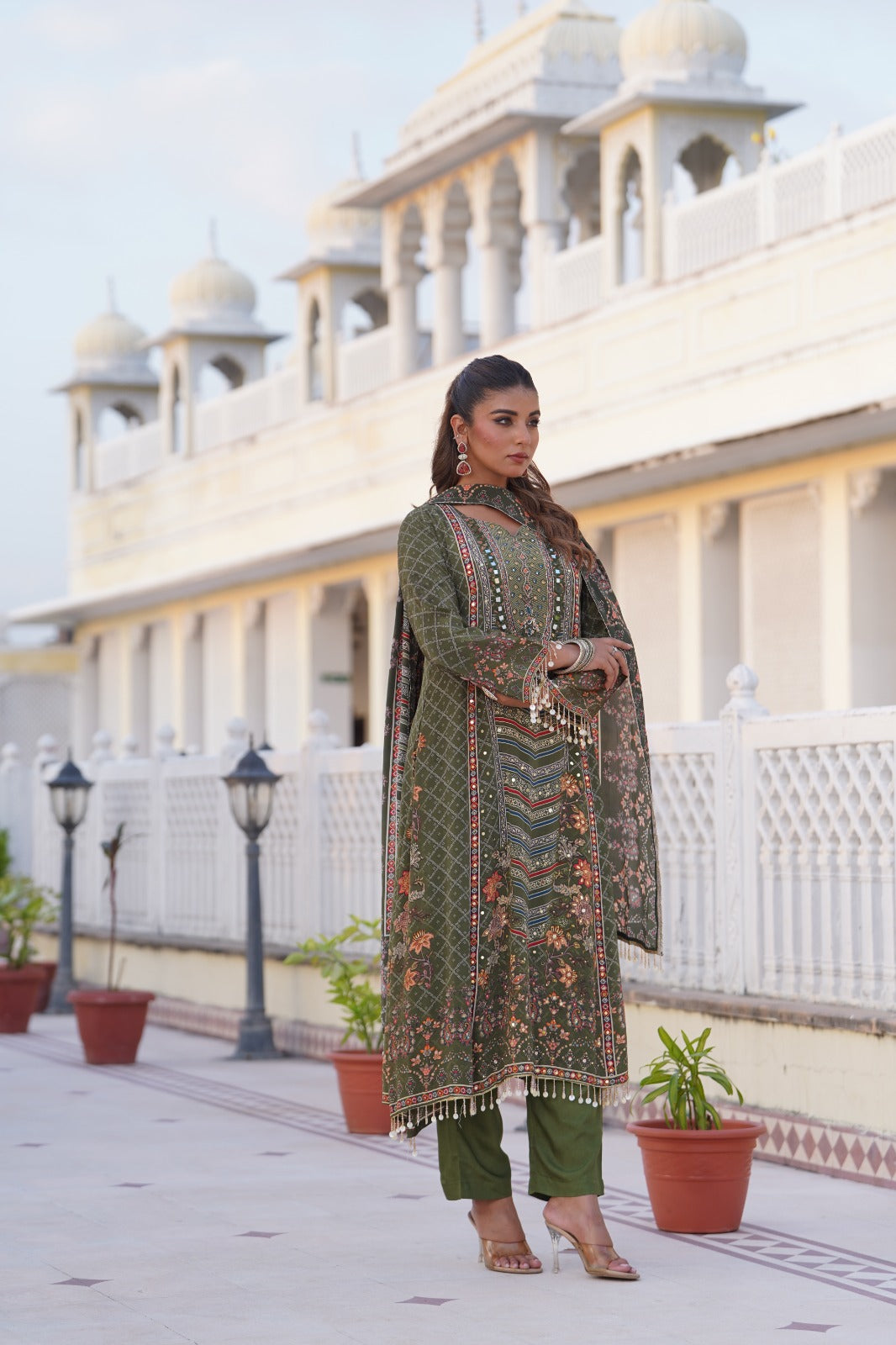 Dark olive green printed crepe A-line kurta set with crepe dupatta