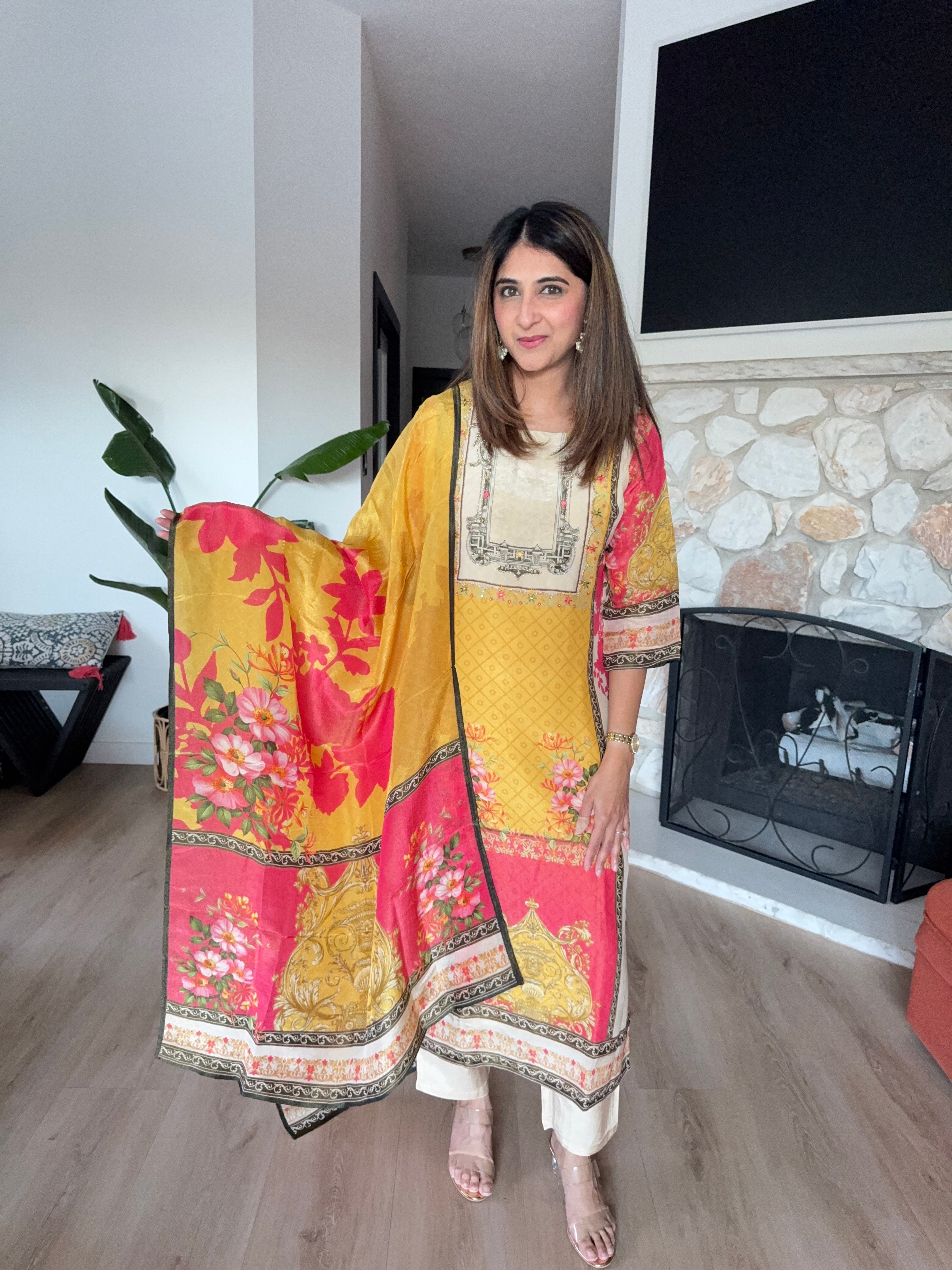 Mustard yellow and beige shimmer tissue printed kurta set